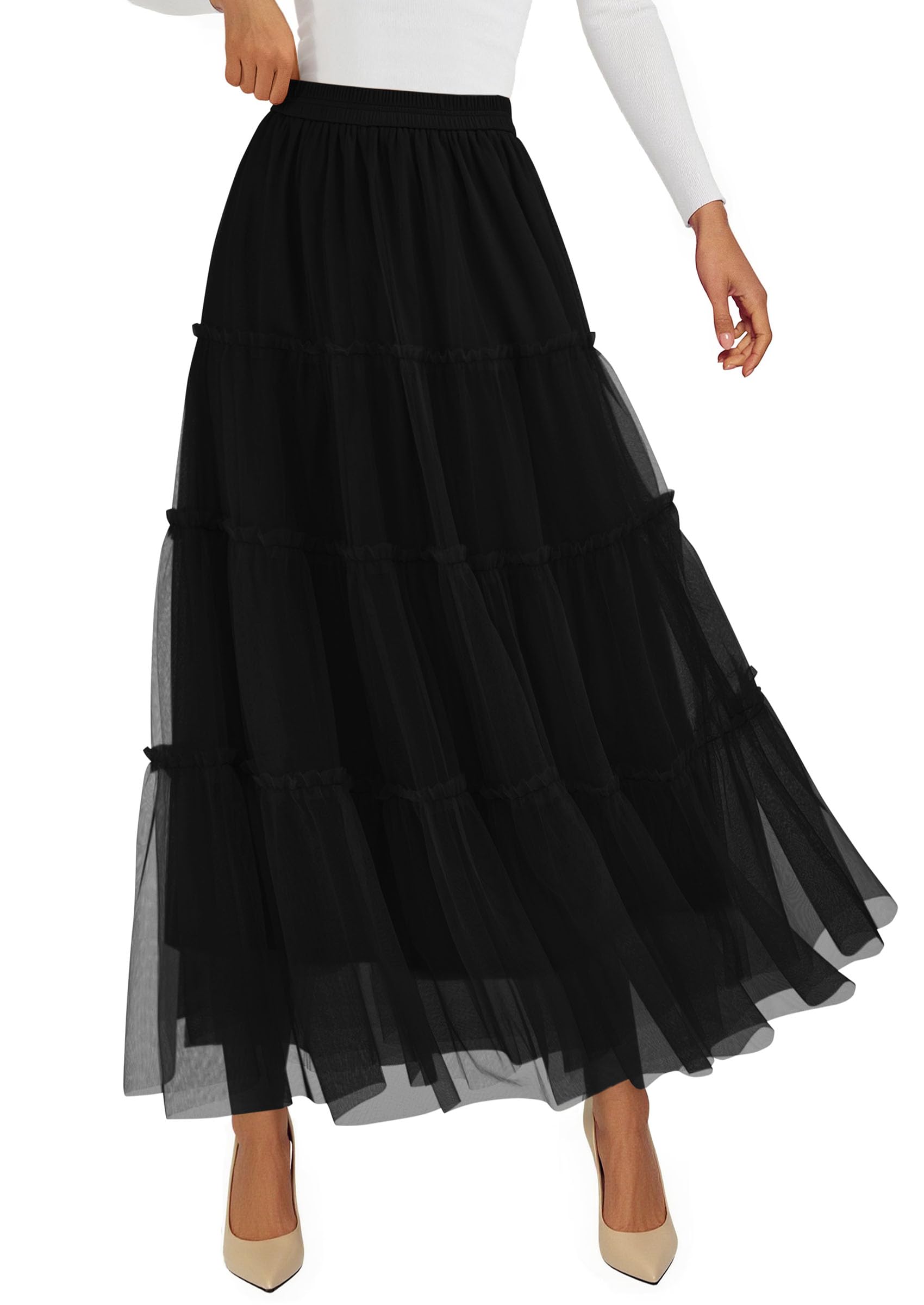 Women's Fall Soft Tulle Tiered Long Skirt,Black,S