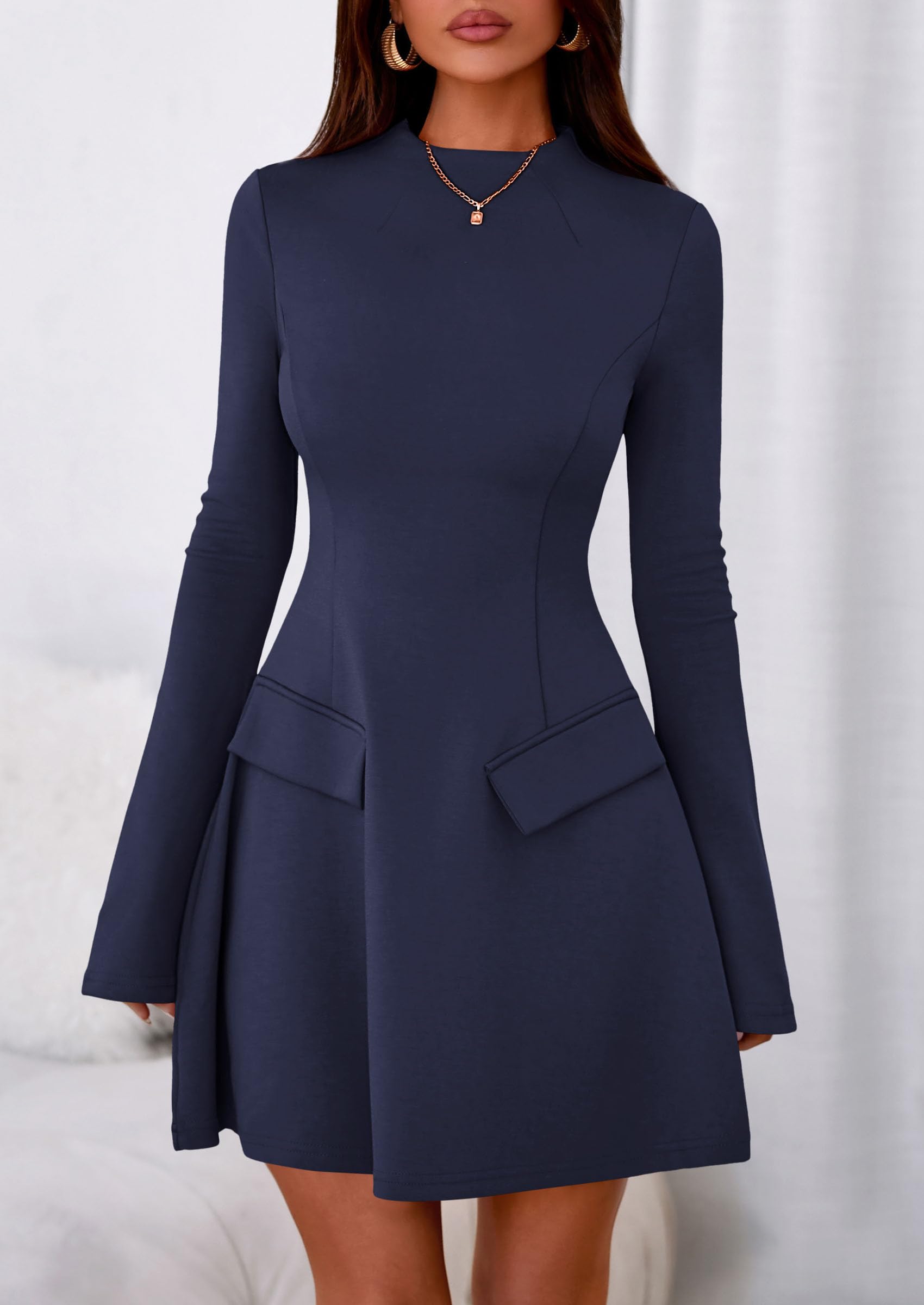 Women's Fall Bell Sleeve Short Dress,Dark Blue,XS