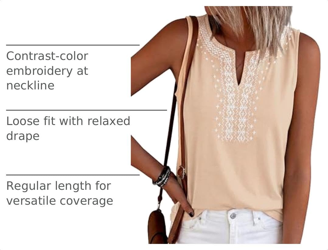 Womens Embroidered Sleeveless Tank Tops Beige,L