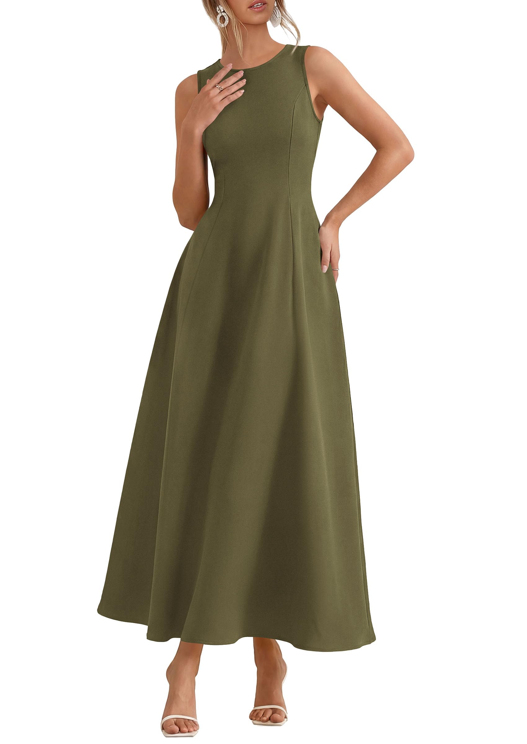 Women's Sleeveless Summer Elegant Maxi Dresses, Army Green,S