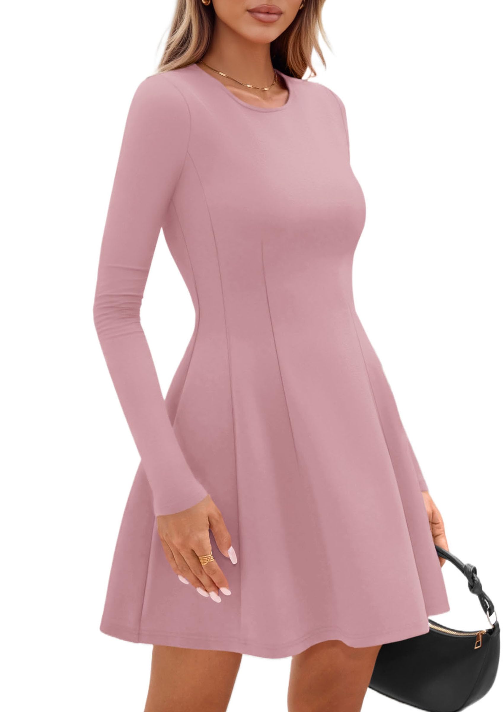 Womens Long Sleeve Pleated Mini Dress,Pink,XS