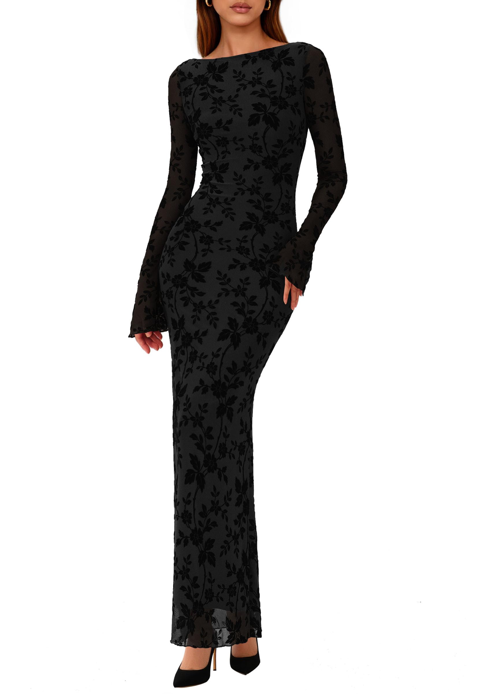 Women's Floral Bodycon Maxi Dress Wedding Guest Dresses Black