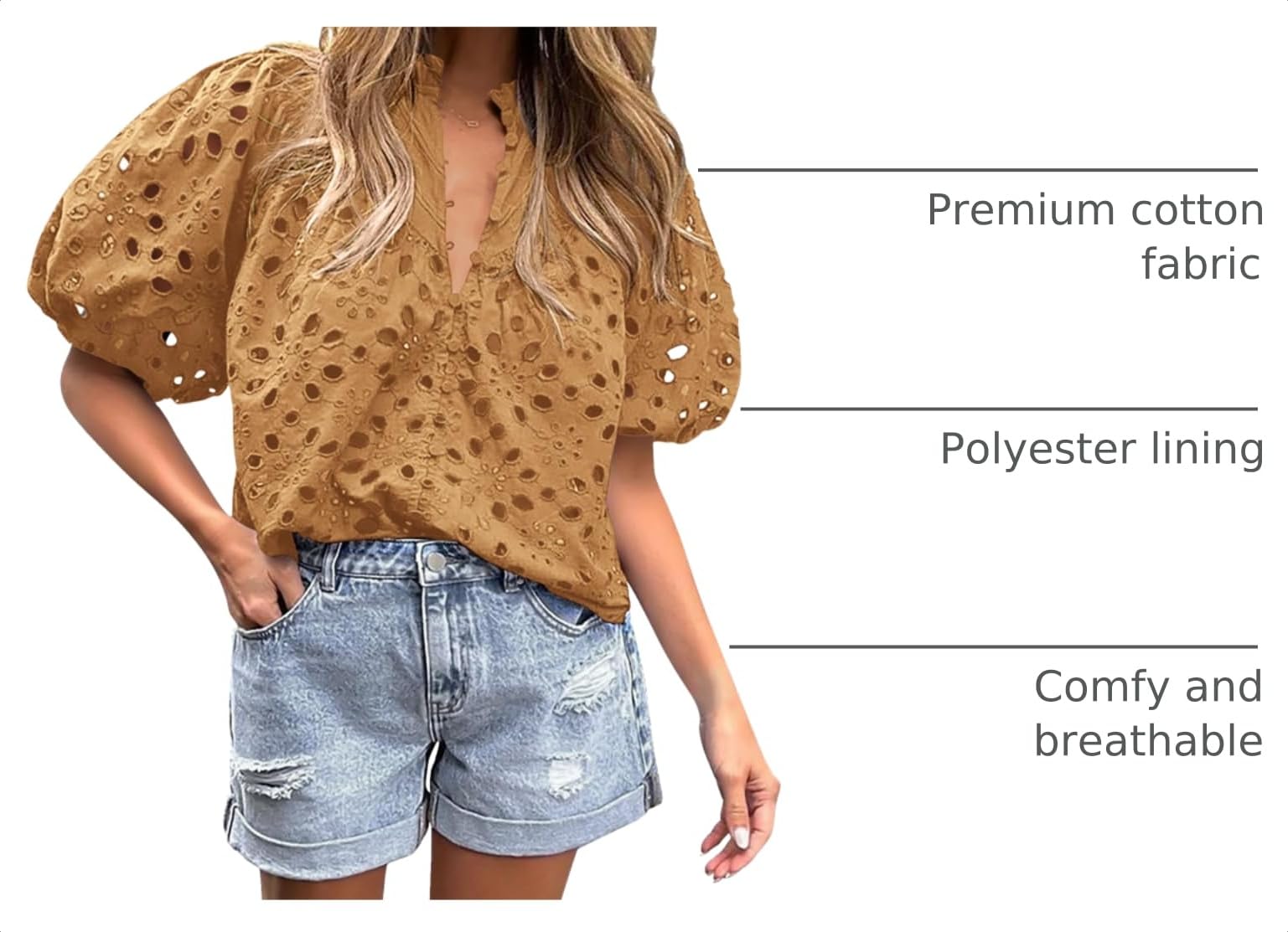 Womens Tops Boho Eyelet Puff Sleeve Blouse, Khaki,S