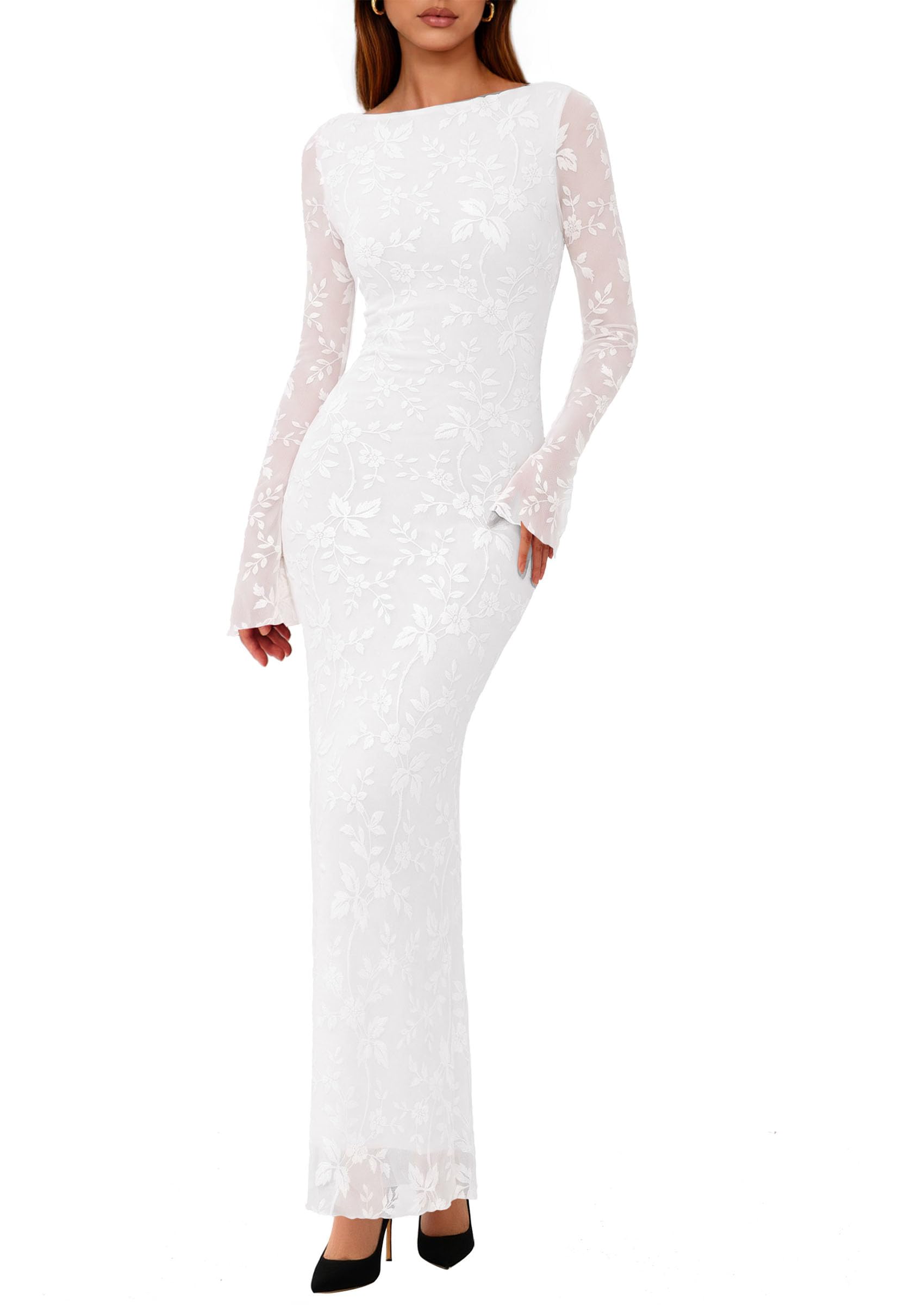 Women's Floral Bodycon Maxi Dress Wedding Guest Dresses White