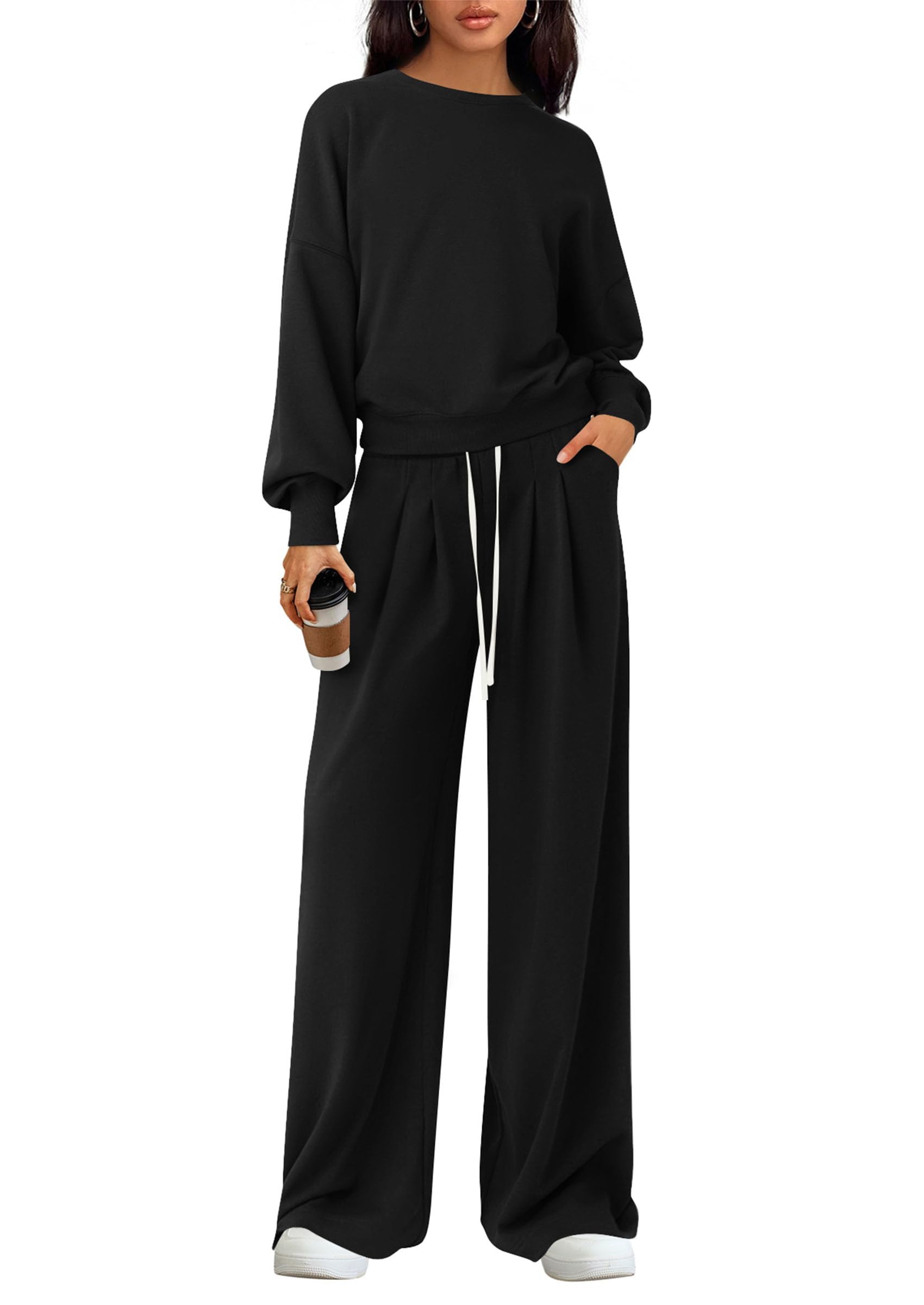Womens Loose Fit Casual 2 Piece Lounge Set,Black,S