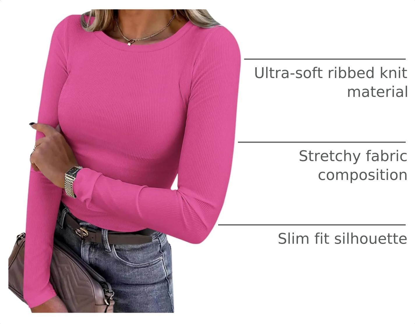 Women's Fall Long Sleeve Shirts Basic Tees (Hot Pink,XS)