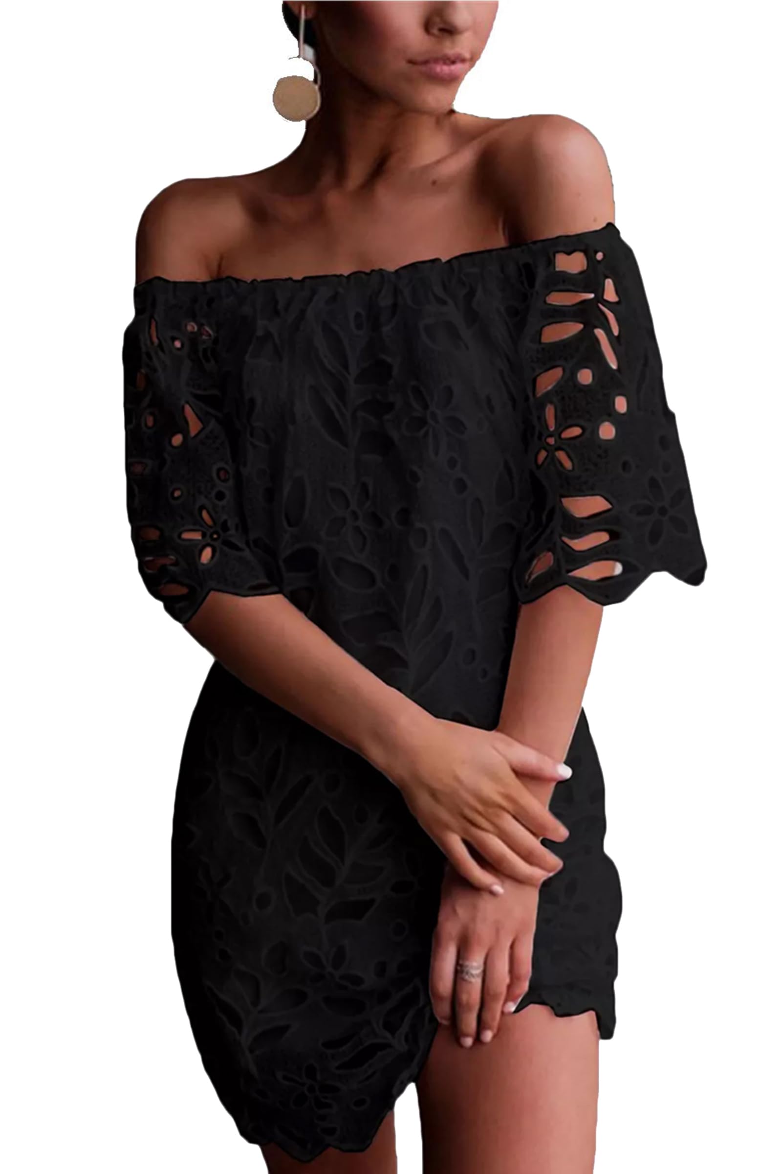 Women's Boho Off the Shoulder Lace Mini Dress, Black,S