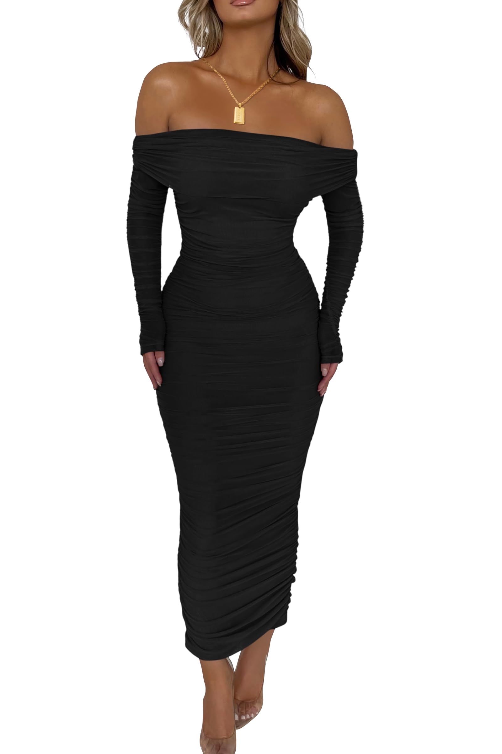 Women's Off the Shoulder Maxi Bodycon Dress, Black,S