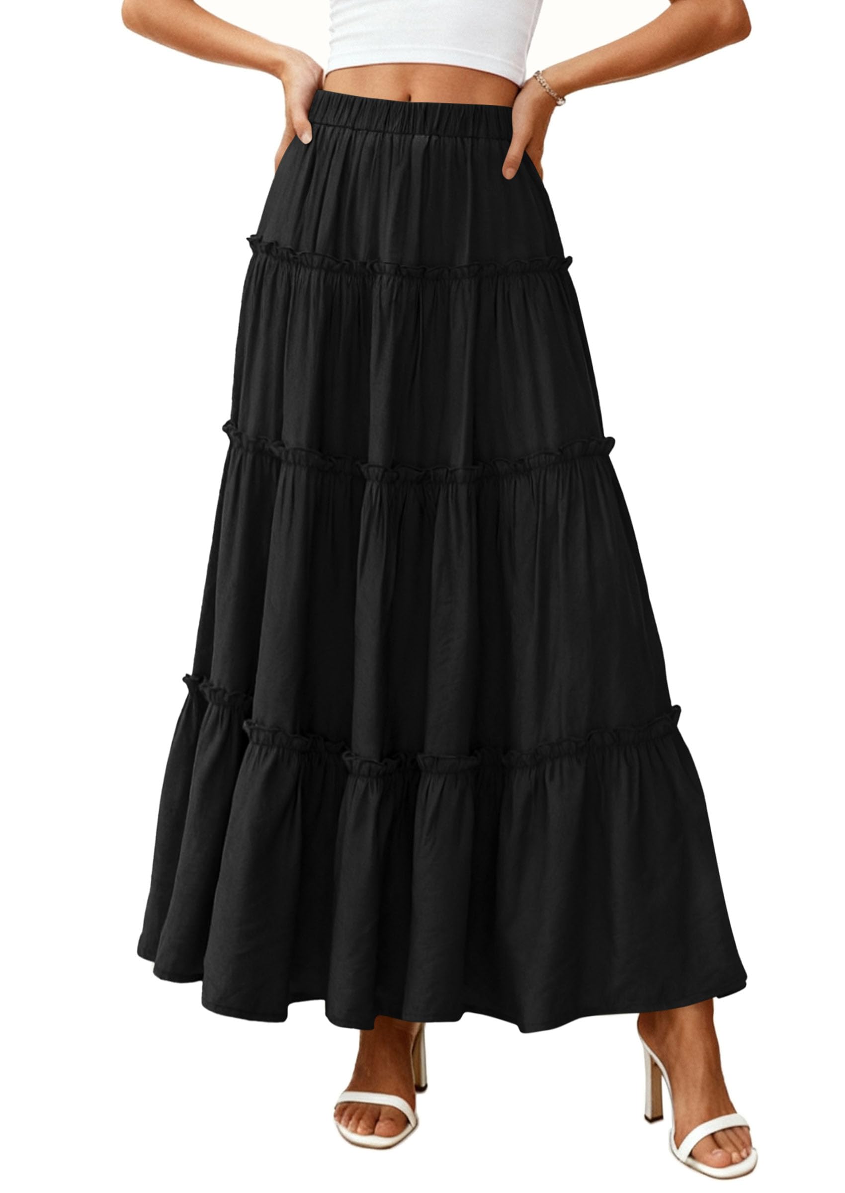 Women's Boho Tiered Ruffle Flowy Maxi Skirt, Black,S