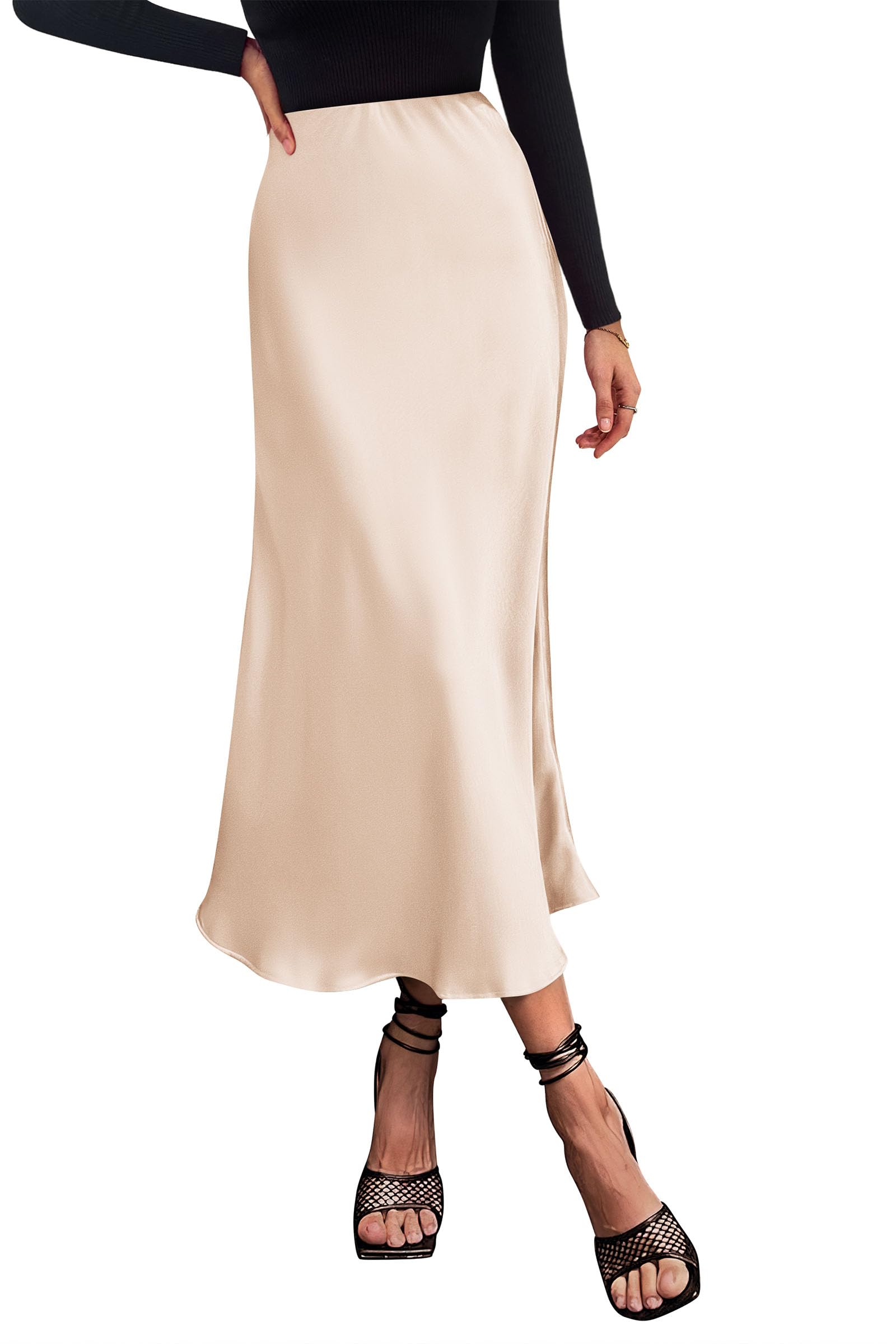 Women's Satin Midi Skirts Dressy Casual,Beige,S