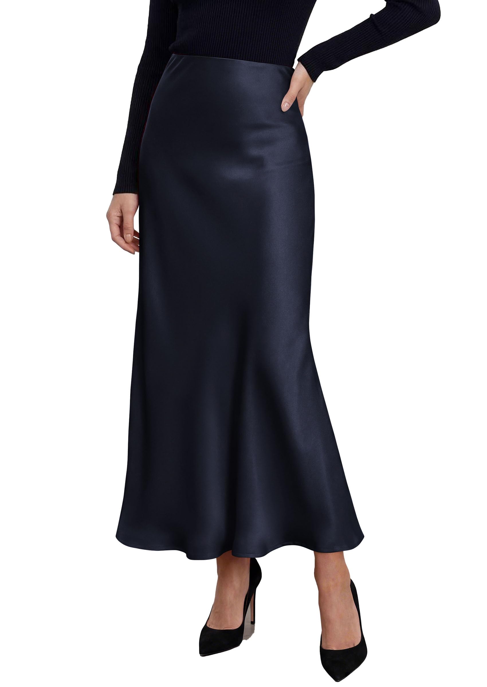 Women's Silk Satin Maxi Skirts Fall Clothes (Royal Blue,S)