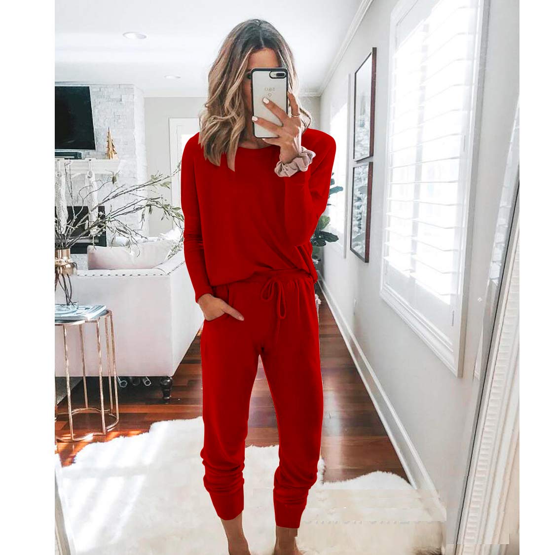 Travel Outfit Women 2 Piece Lounge Sets, Red,S