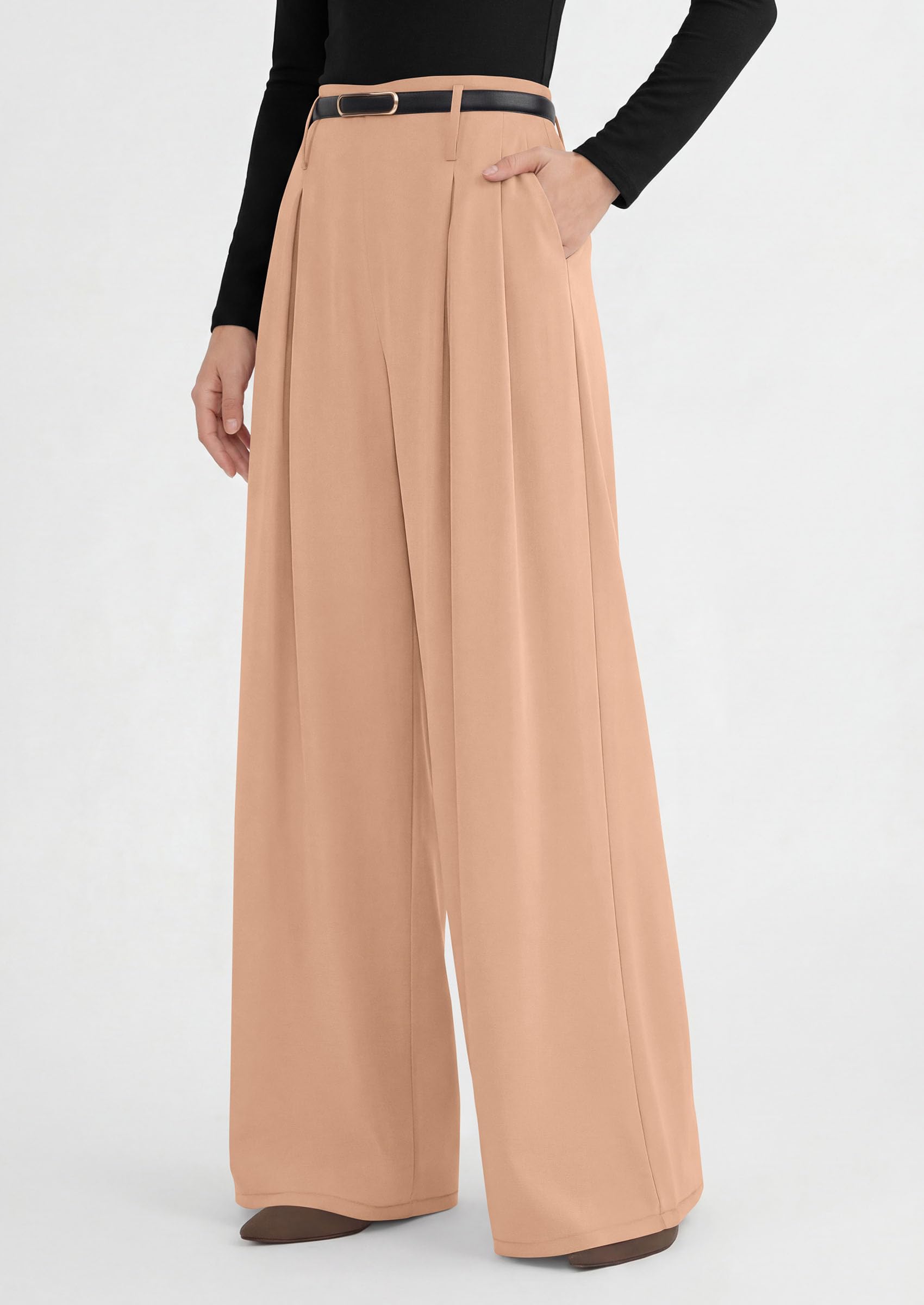 Womens Wide Leg Dress Pants Flowy Trousers,Champagne,S