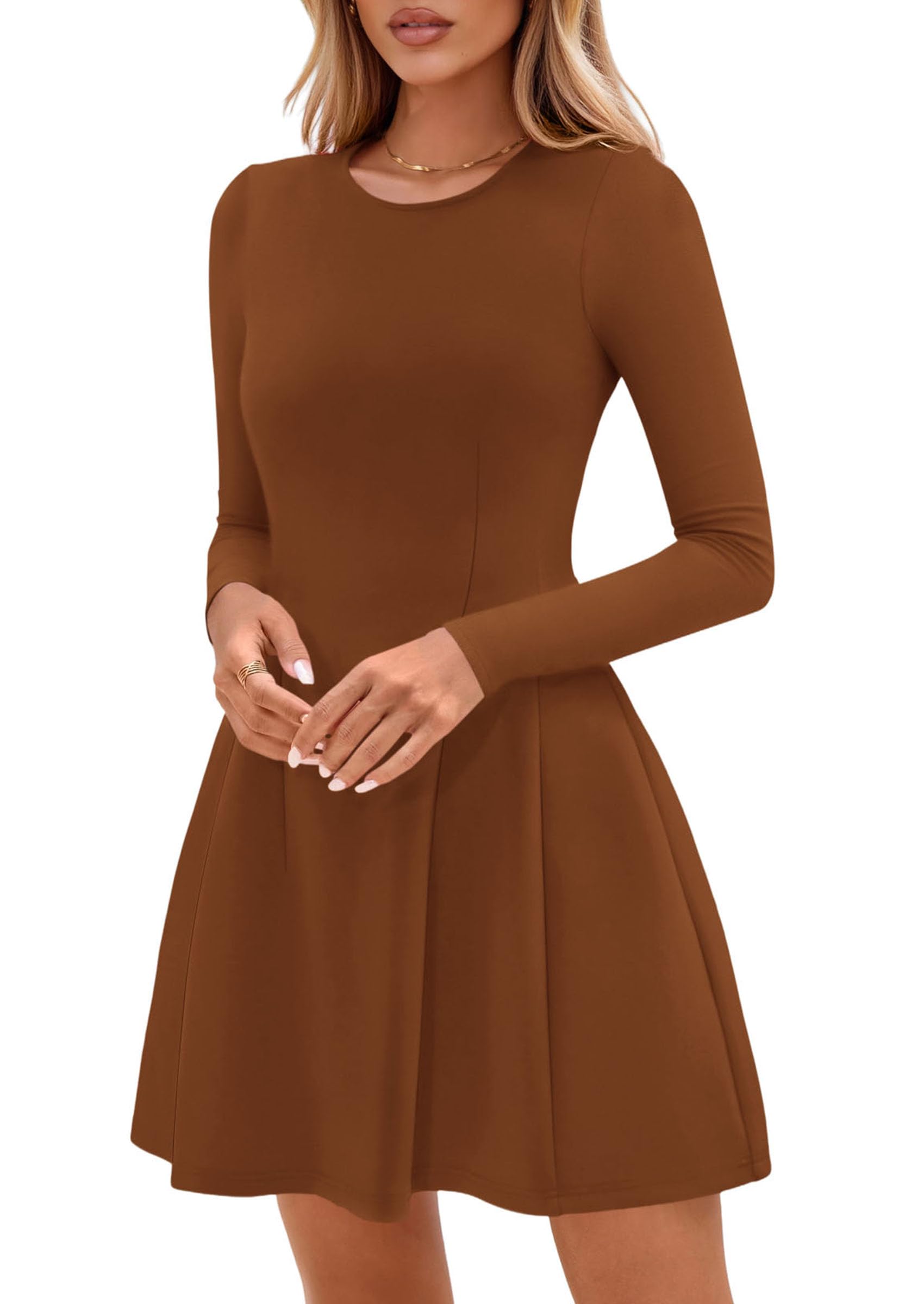 Womens Long Sleeve Pleated Mini Dress,Caramel,XS