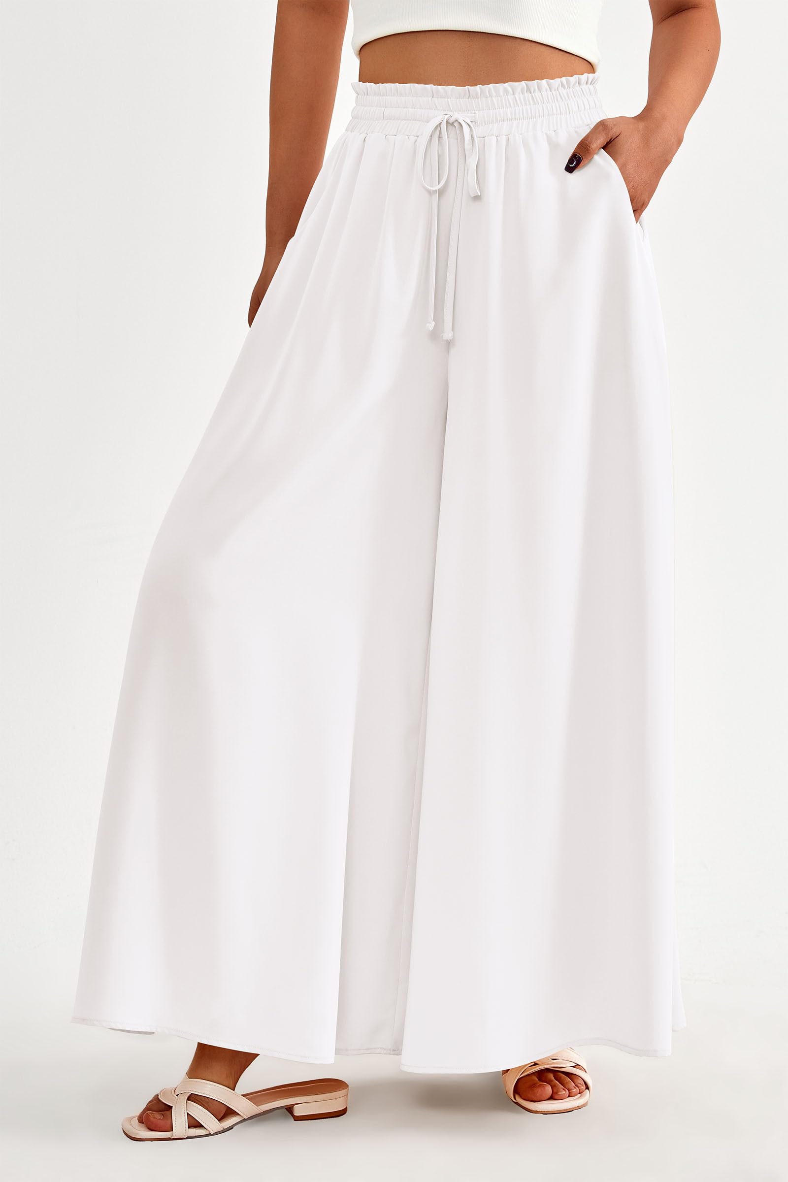 Summer Wide Leg Palazzo Pants for Women Casual,White,S