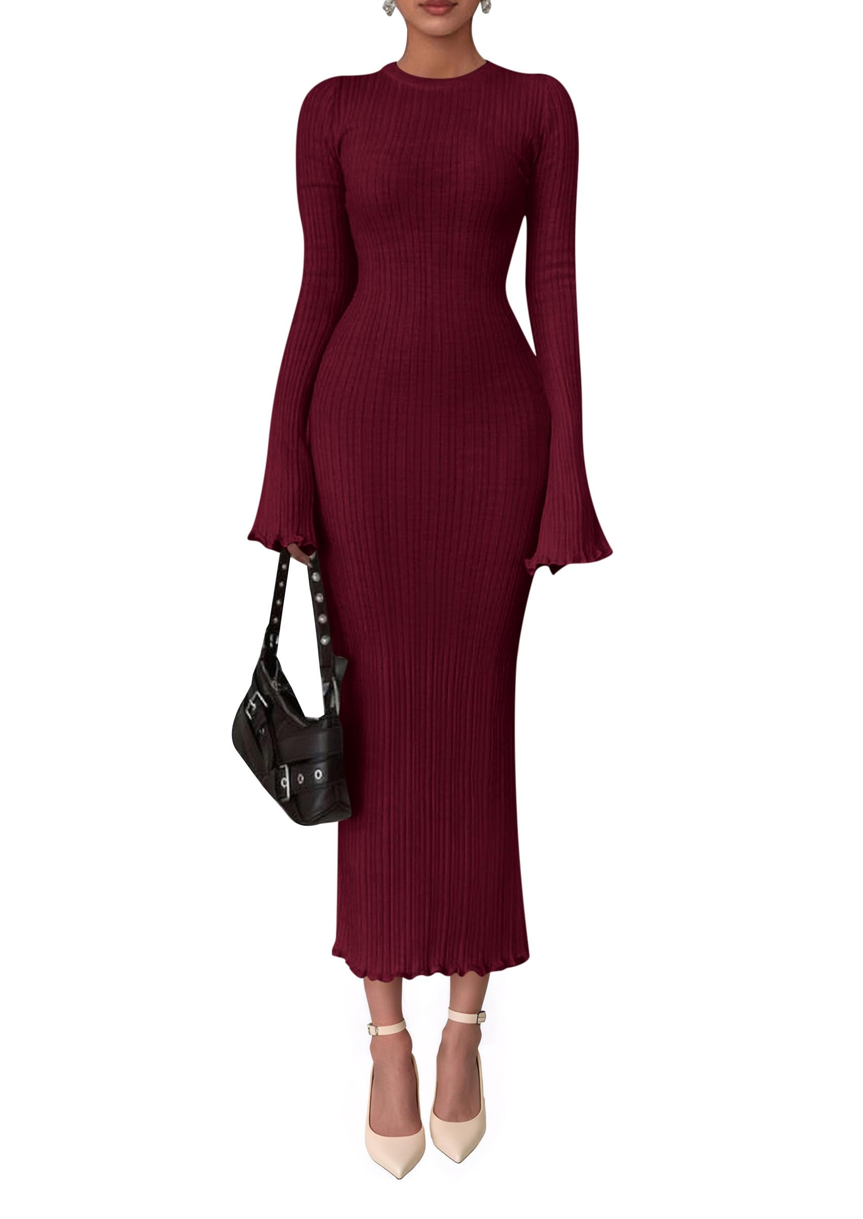 Women's Sweater Dress Long Sleeve Maxi Dresses,Wine Red,S