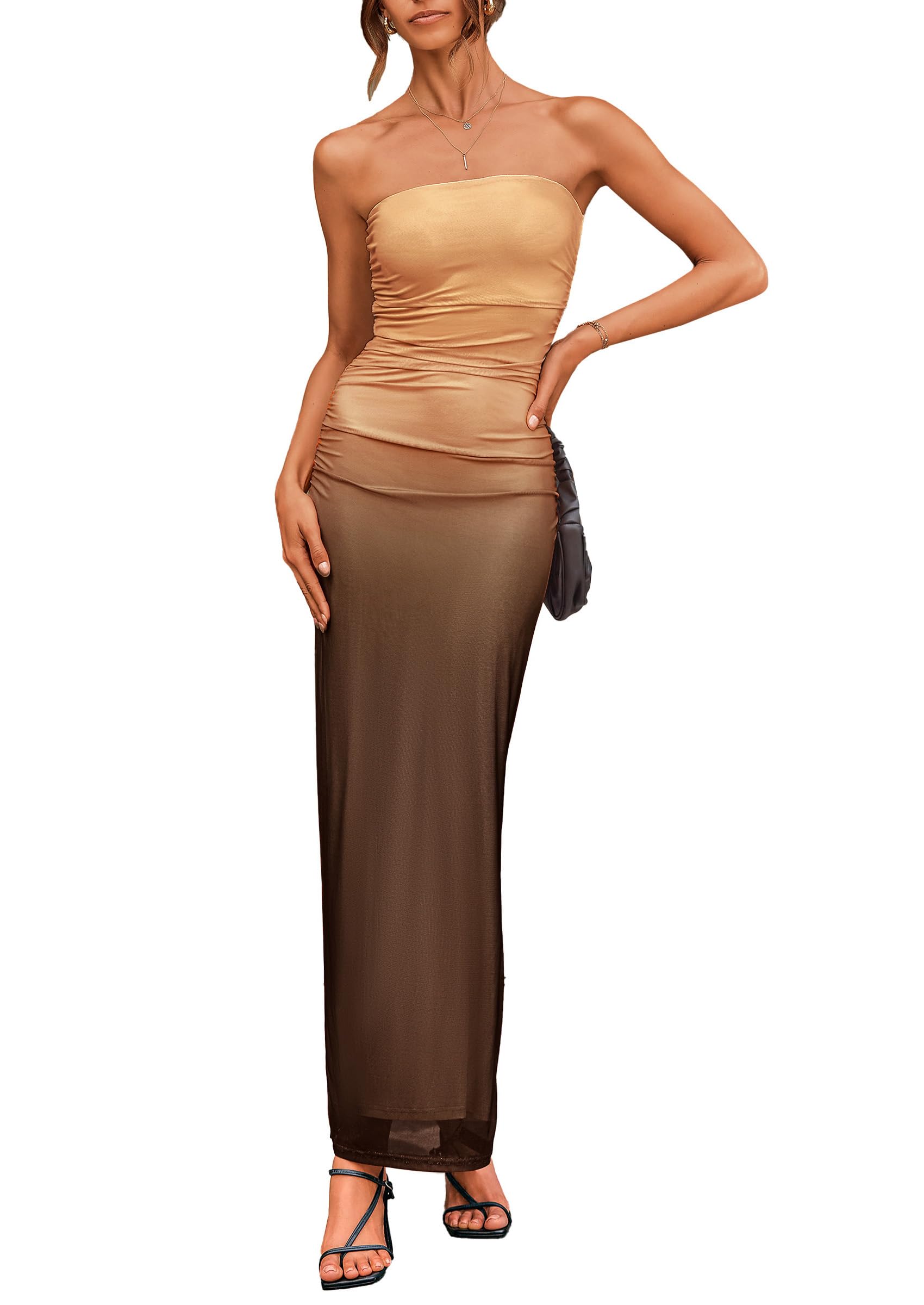 Womens Strapless Bodycon Maxi Dress, Gradient Apricot Brown,S
