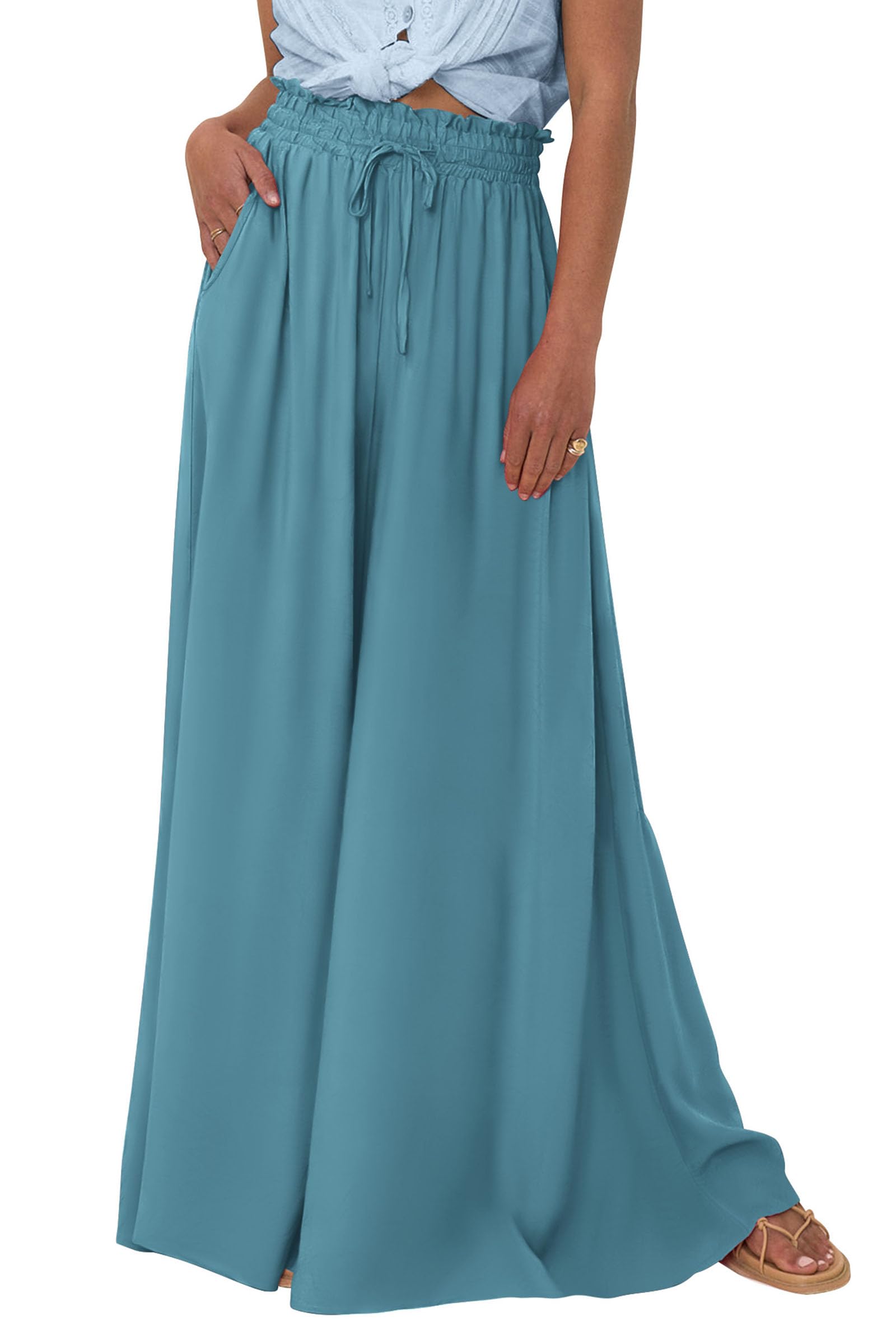 Summer Wide Leg Palazzo Pants for Women Casual,Blue Green,S