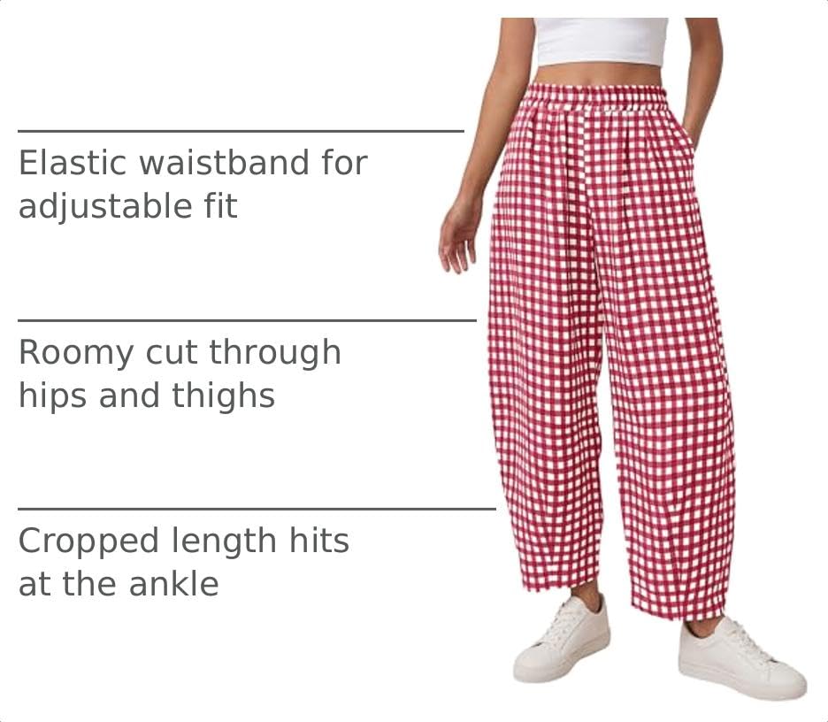 Plaid Barrel Pants Women Summer Bottoms, Red Plaid,S