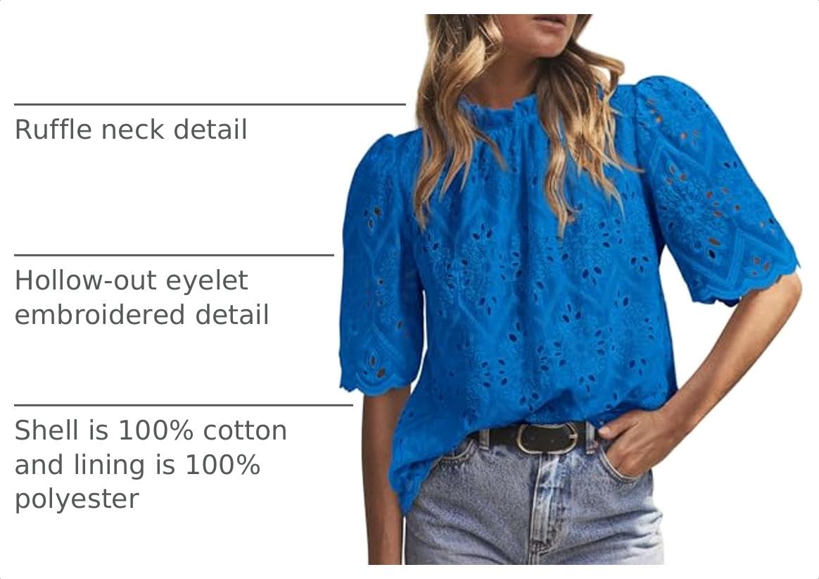 Women Summer Tops Eyelet Embroidered Shirts,Brilliant Blue,XS