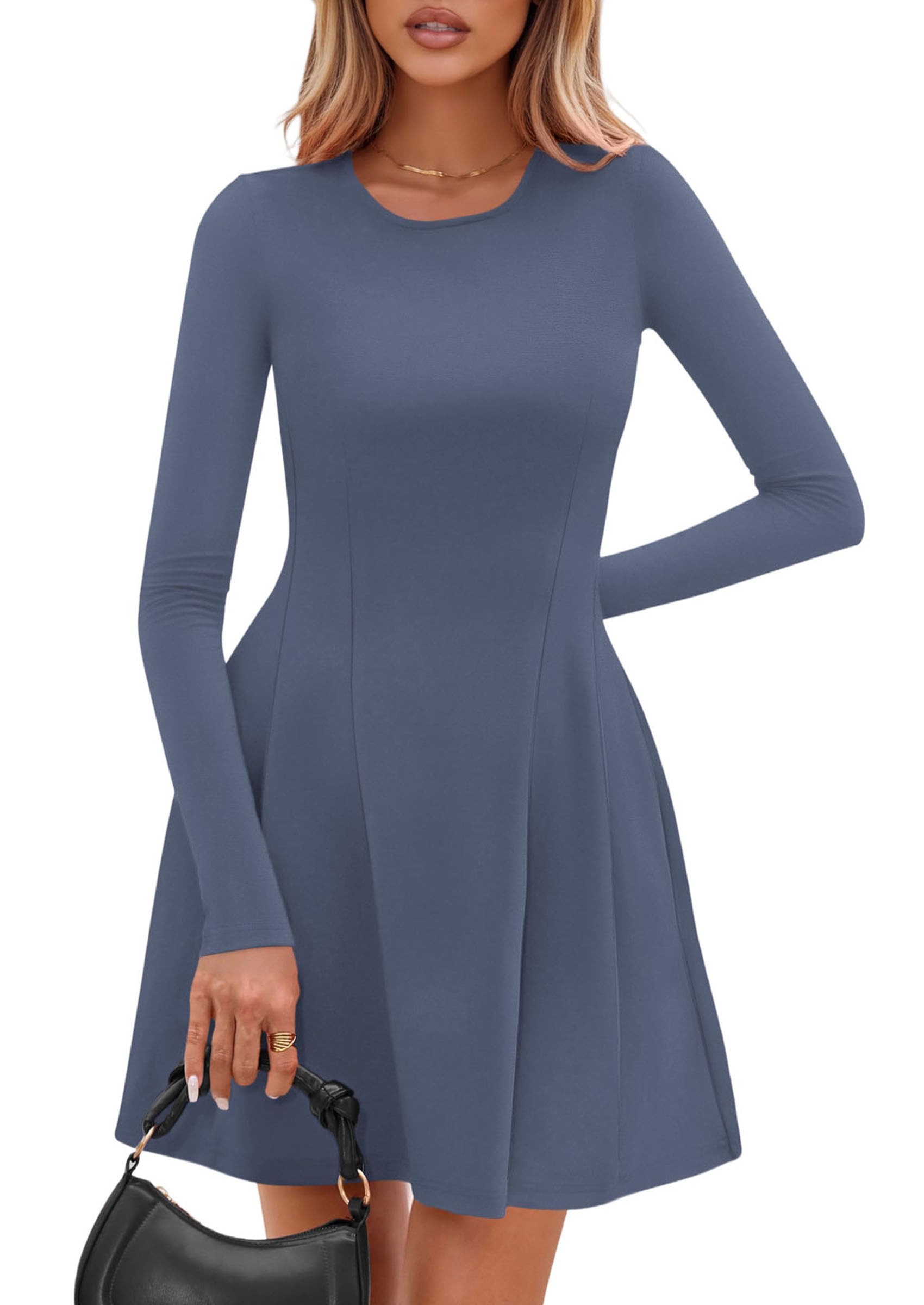 Womens Long Sleeve Pleated Mini Dress,Blue,XS