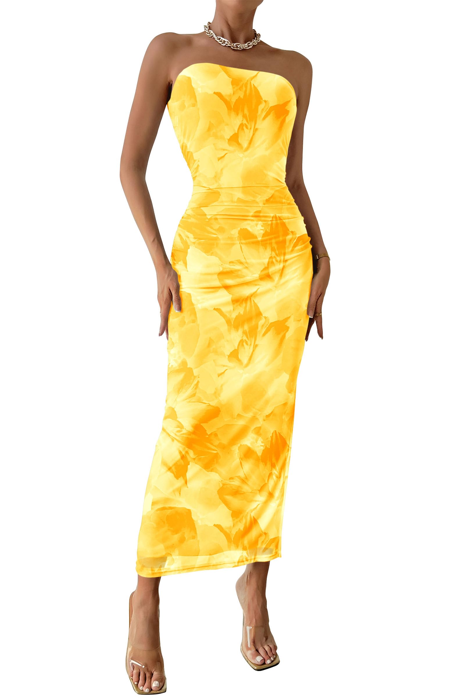 Women's Strapless Bodycon Floral Maxi Dress, Floral Yellow,S