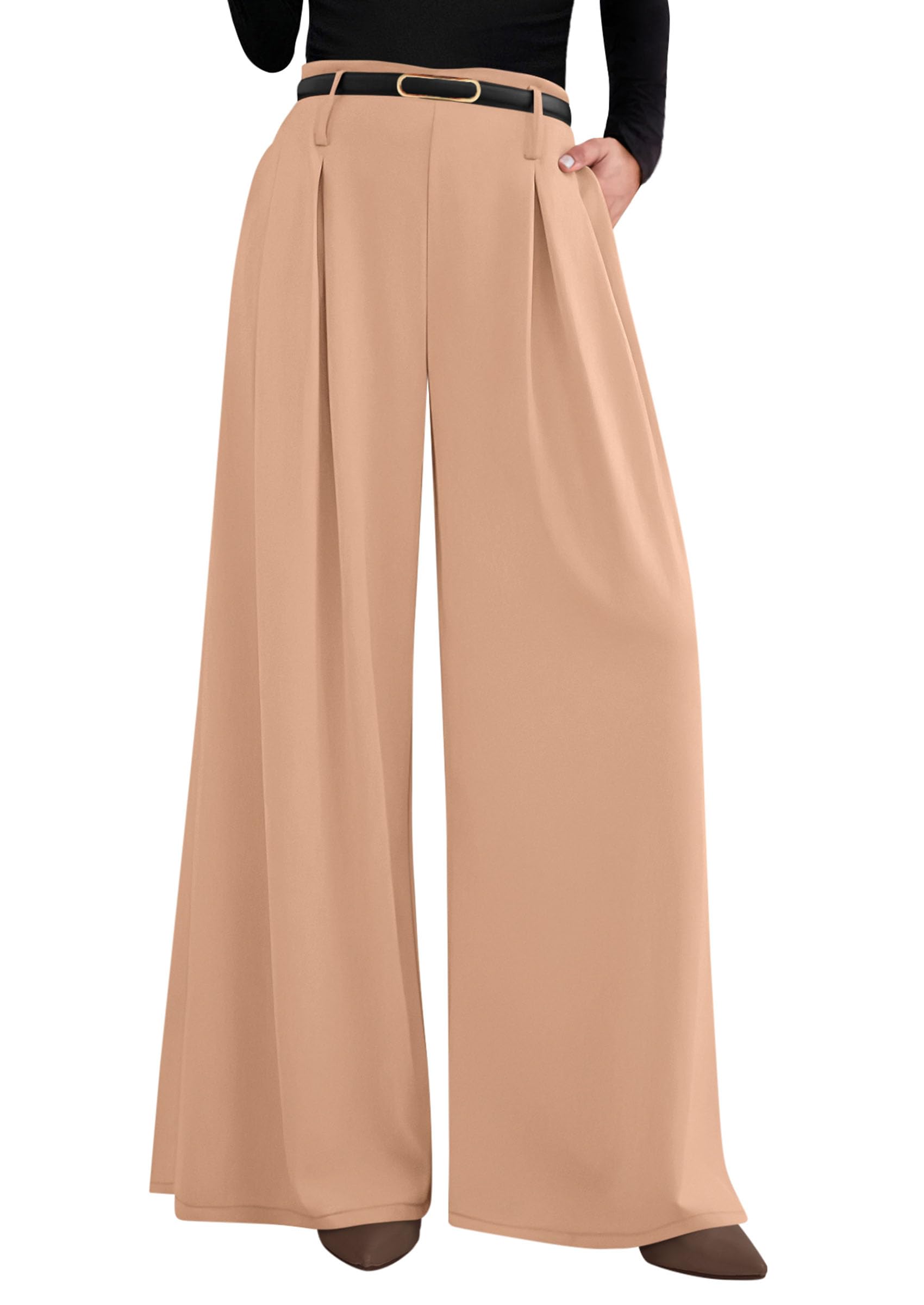 Womens Wide Leg Dress Pants Flowy Trousers,Champagne,S