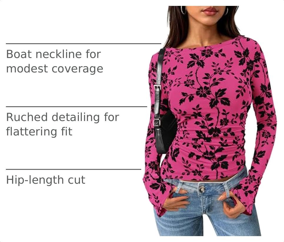 Women's Long Bell Sleeve Y2K Tops Boho Floral Mesh Blouses