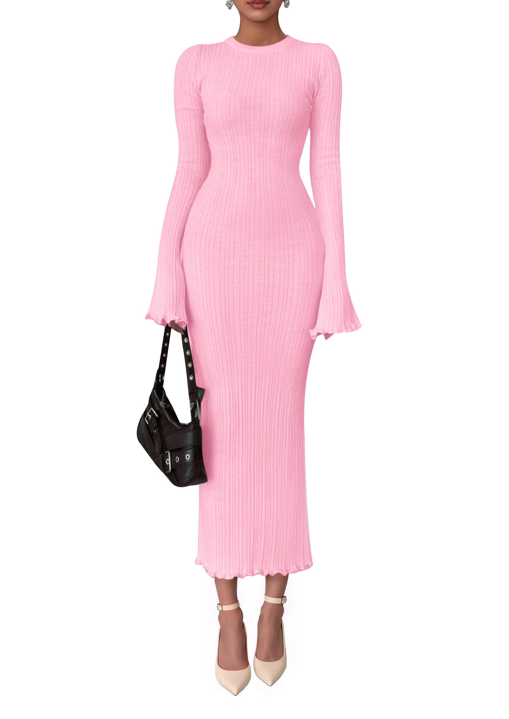 Women's Sweater Dress Long Sleeve Maxi Dresses,Pink,S