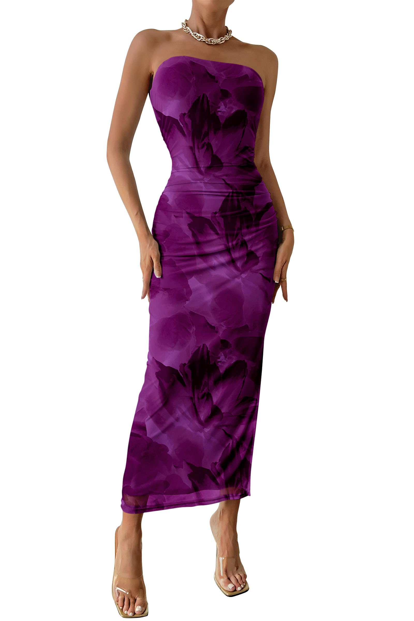 Women's Strapless Bodycon Floral Maxi Dress, Floral Purple,S