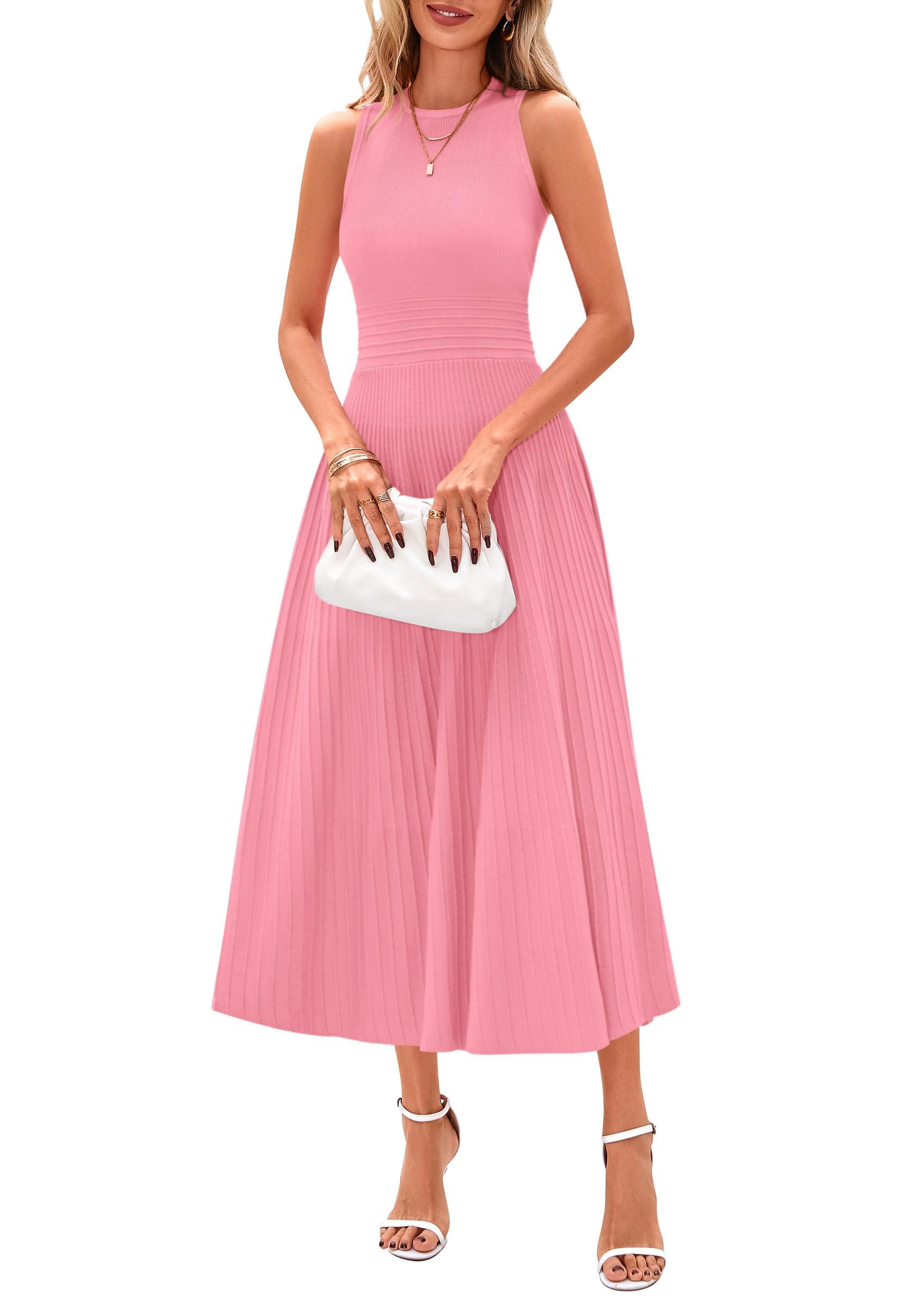 Spring Casual Dresses for Women 2025 Summer Business Work Midi Sleeveless A Line Pleated Cocktail Dress(Pink,Small)