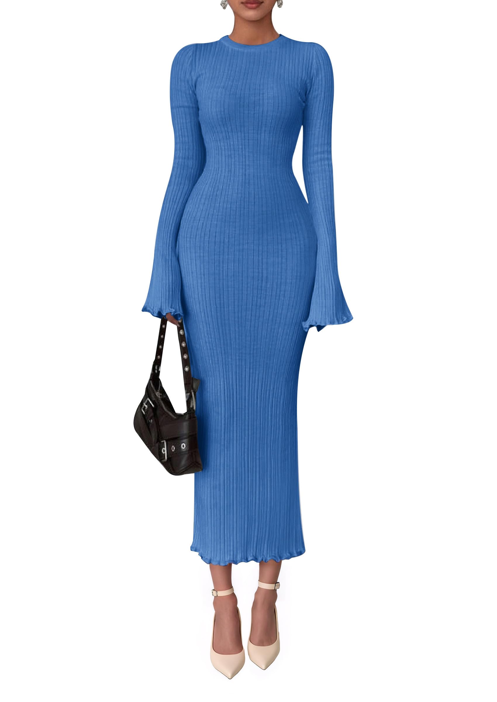 Women's Sweater Dress Long Sleeve Maxi Dresses,Sky Blue,S