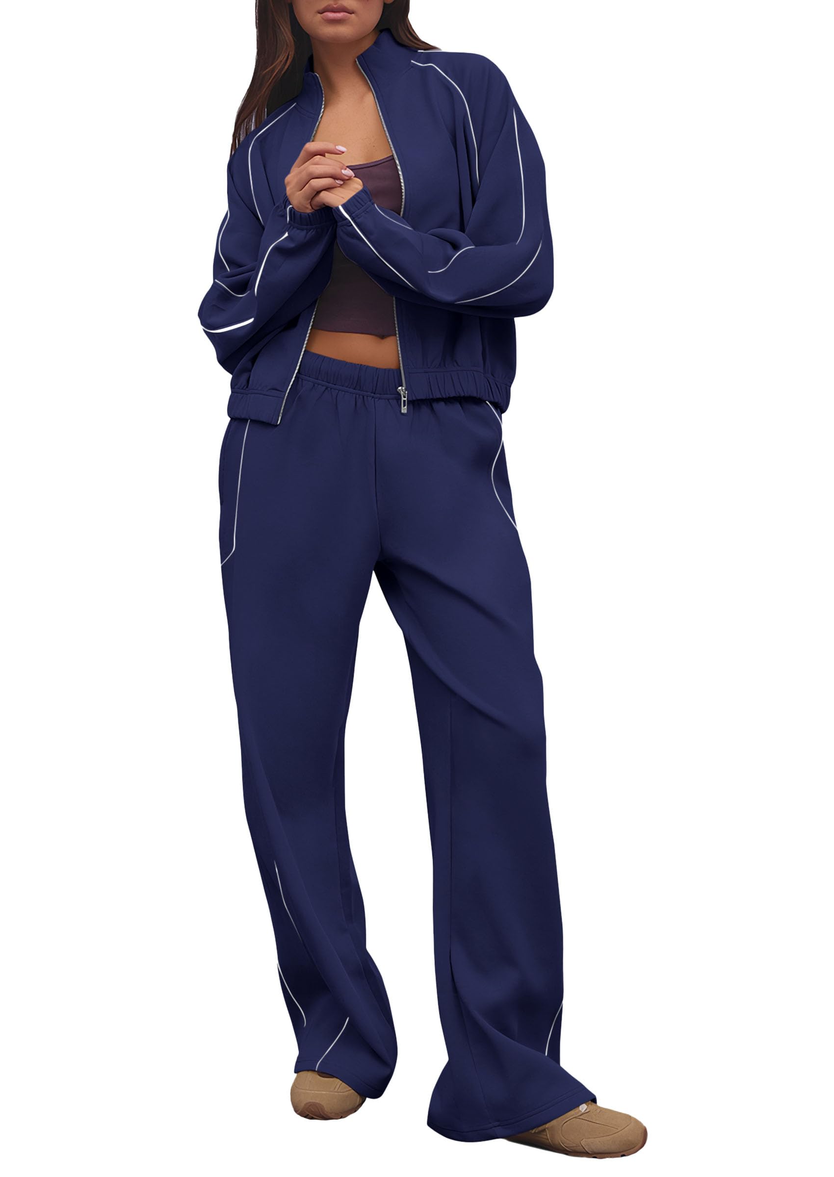 Women's 2 Piece Sweat Set Casual Fall Outfits,Navy Blue,S