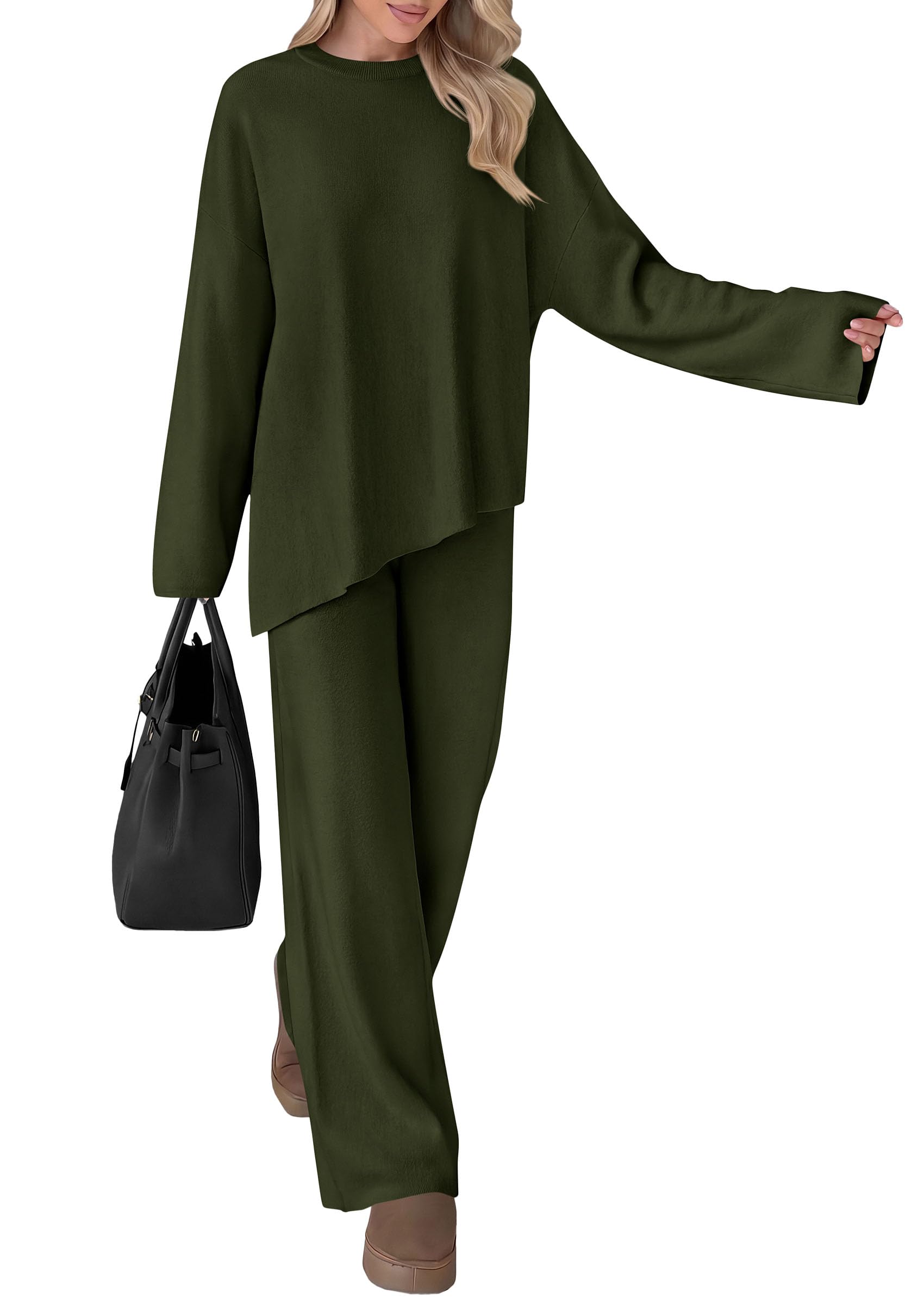 Womens Fall 2 Piece Asymmetric Cozy Sweater Travel Lounge Sets