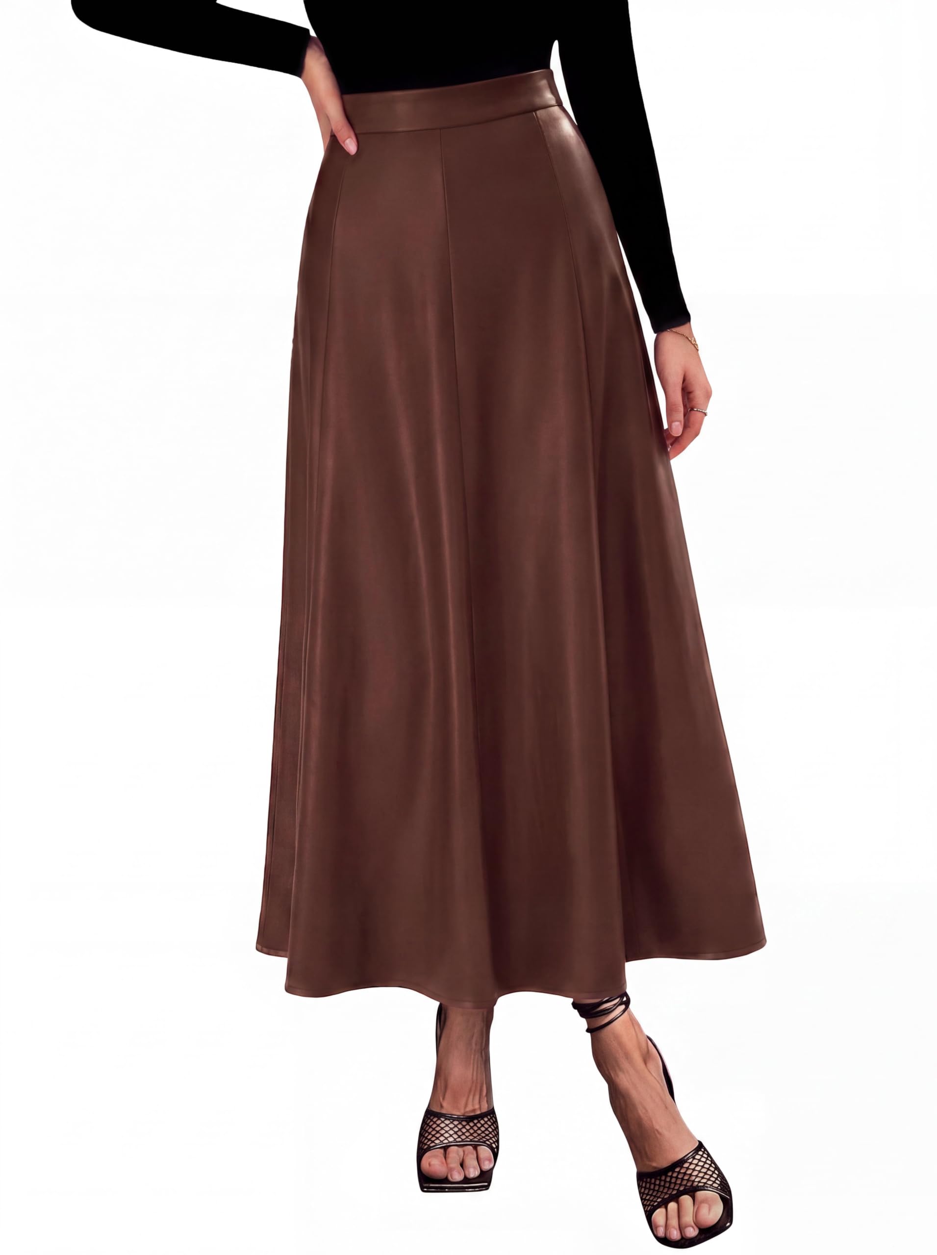 Womens Faux Leather High Waisted Midi Skirt,Coffee,S