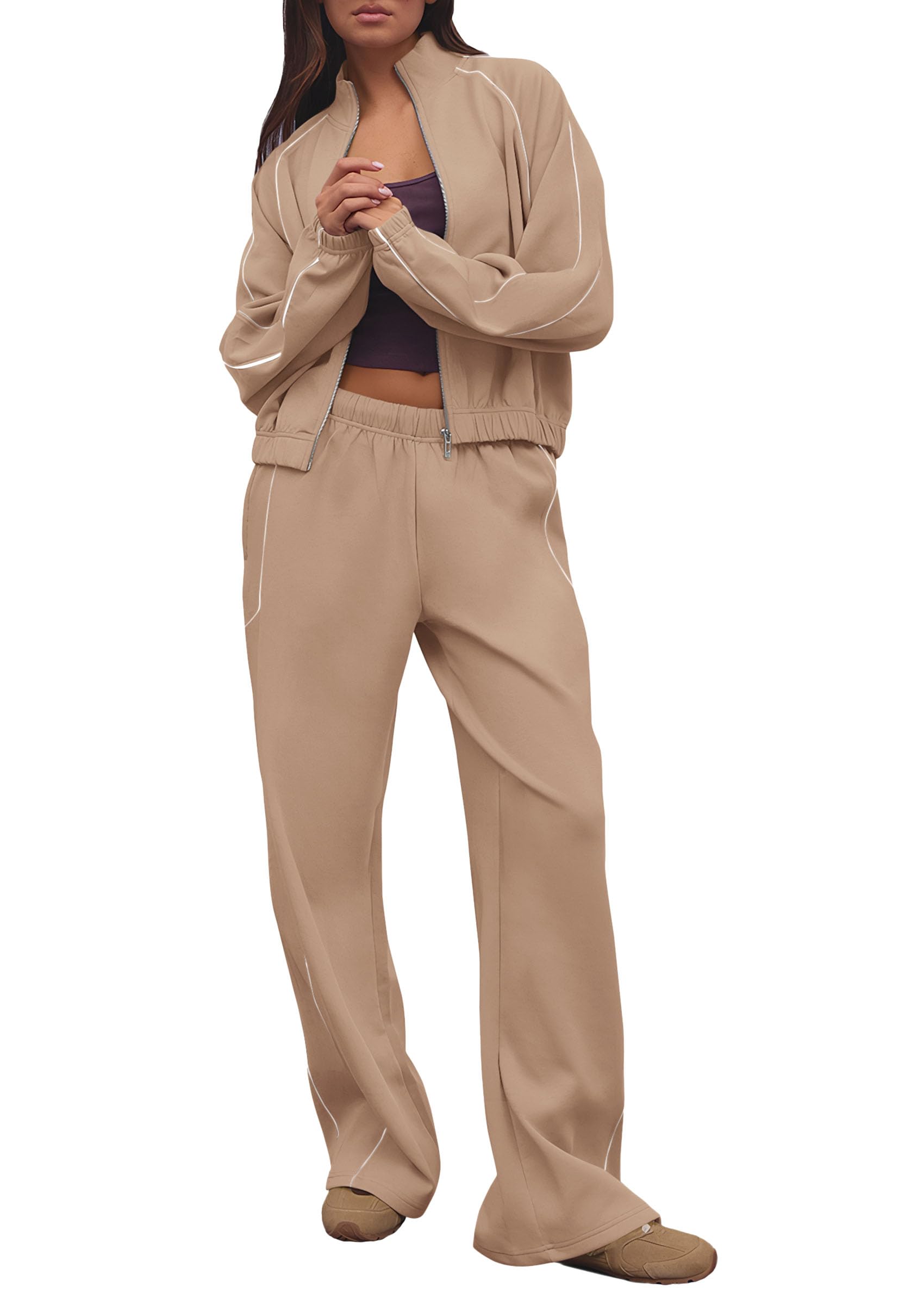Women's 2 Piece Sweat Set Casual Fall Outfits,Khaki,S