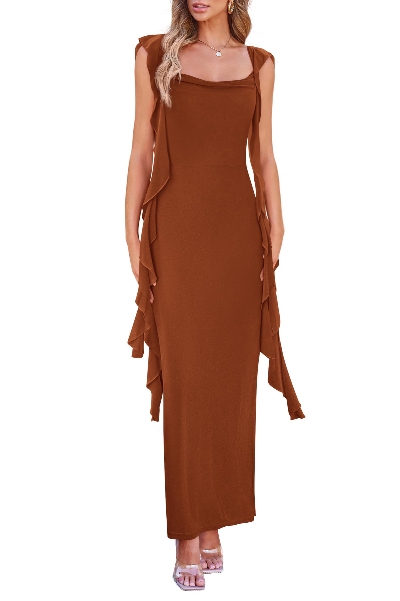 Summer Dresses for Women Ruffle Bodycon Maxi Dress,Caramel,S