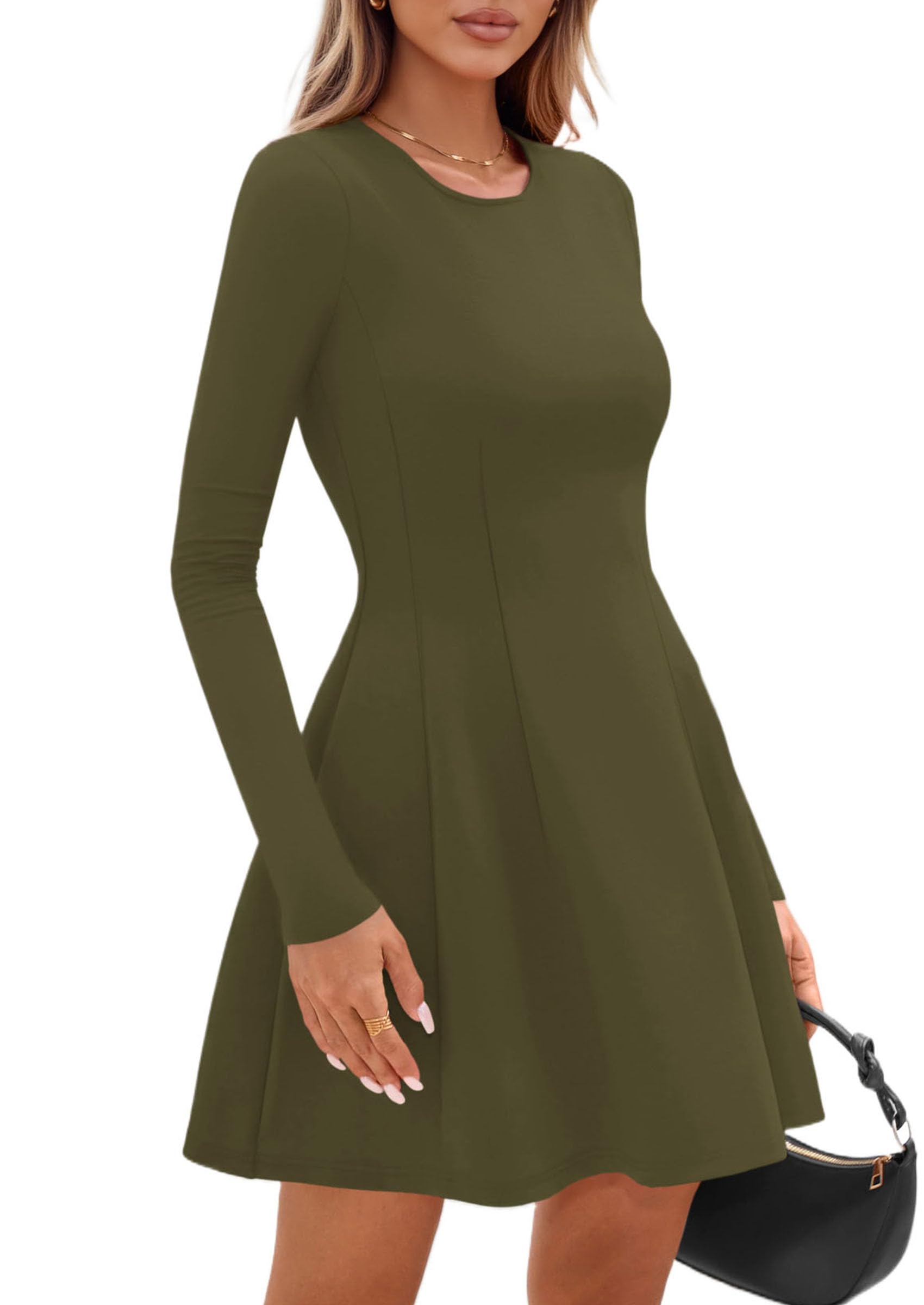 Womens Long Sleeve Pleated Mini Dress,Army Green,XS