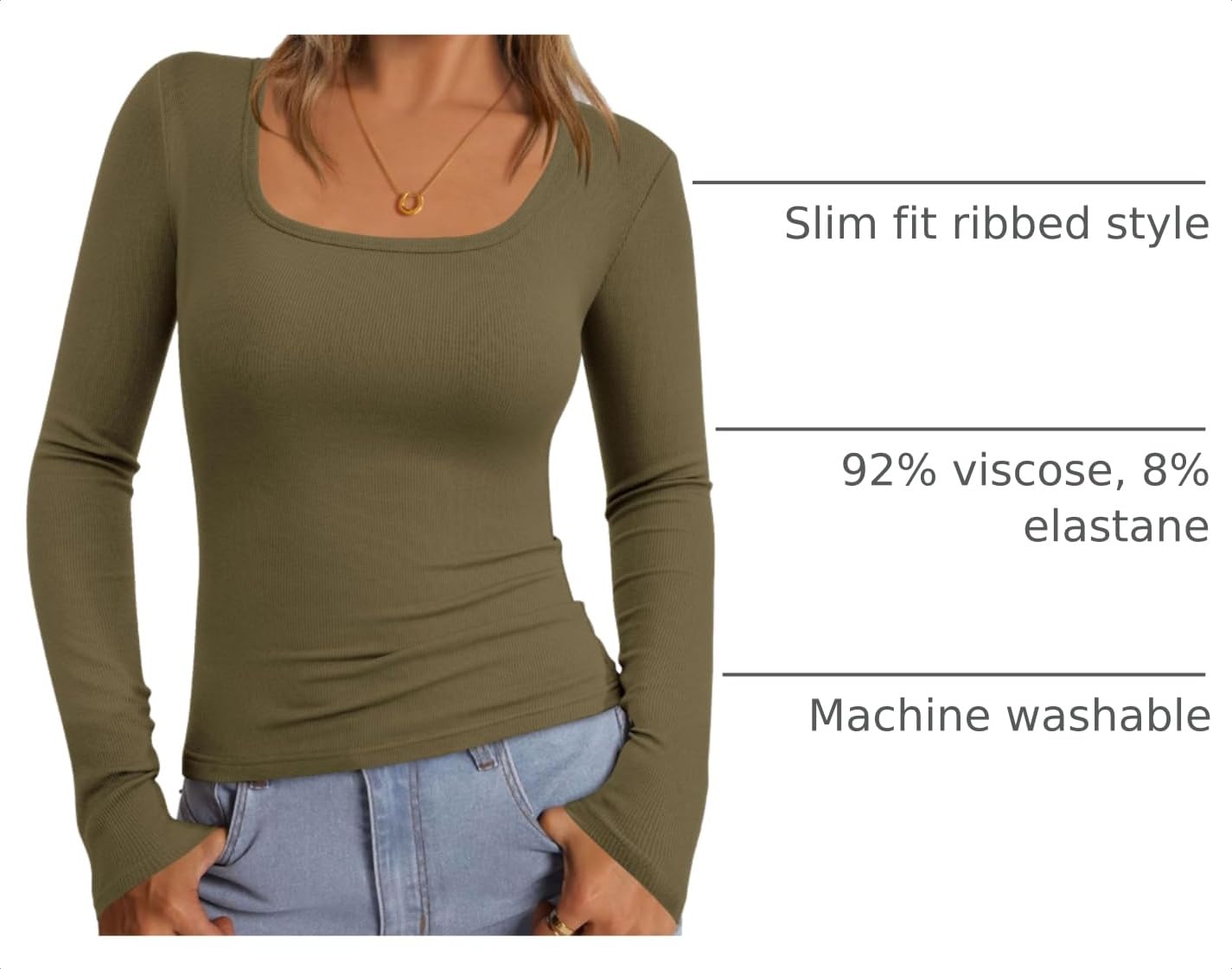 Square Neck Long Sleeve Shirts for Women Army Green,XS