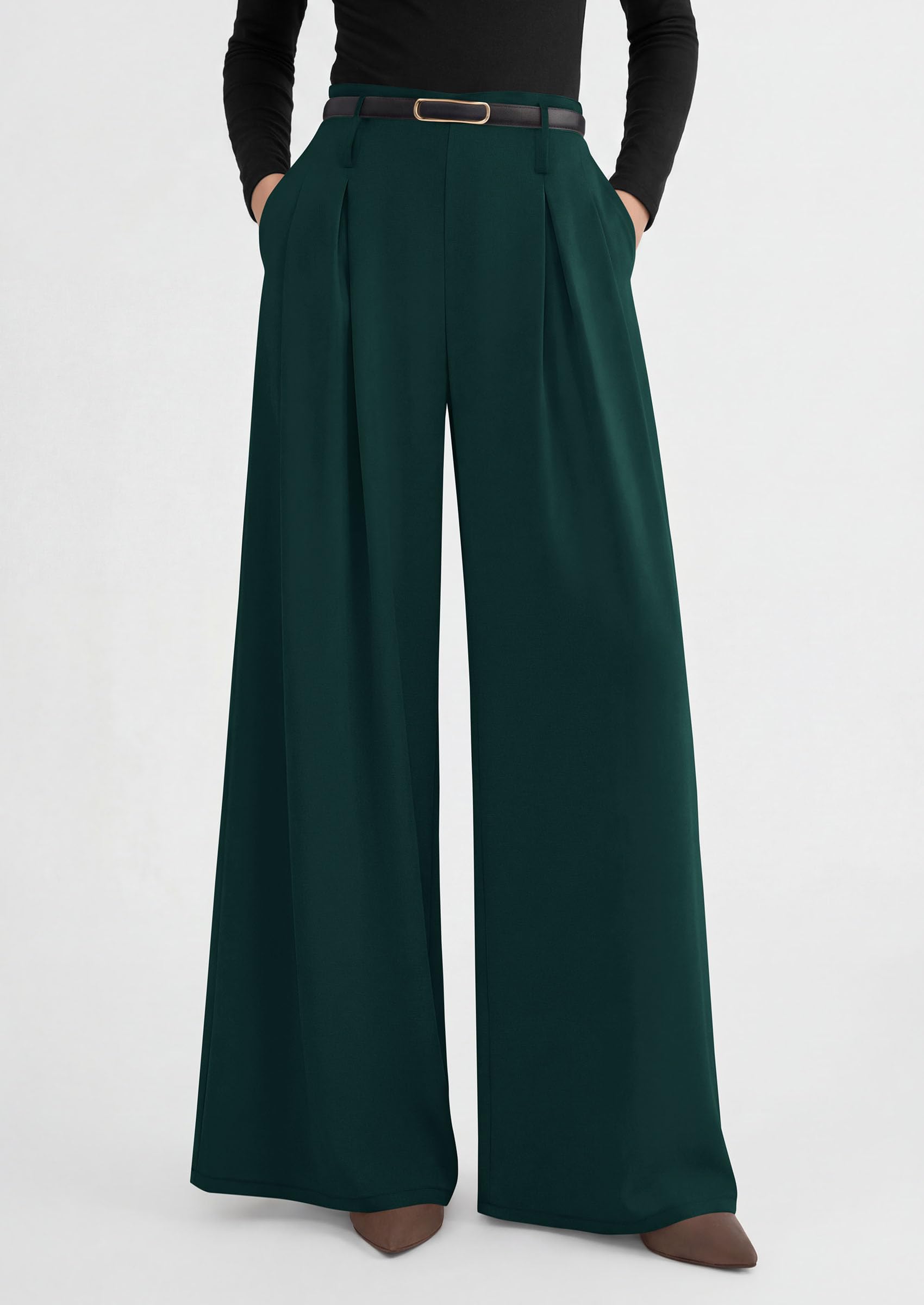 Womens Wide Leg Dress Pants Flowy Trousers,Dark Green,S