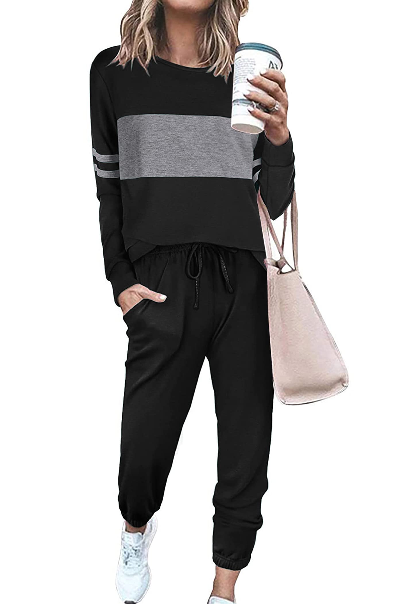 Women Color Block 2 Piece Sets Tracksuit,Black,S