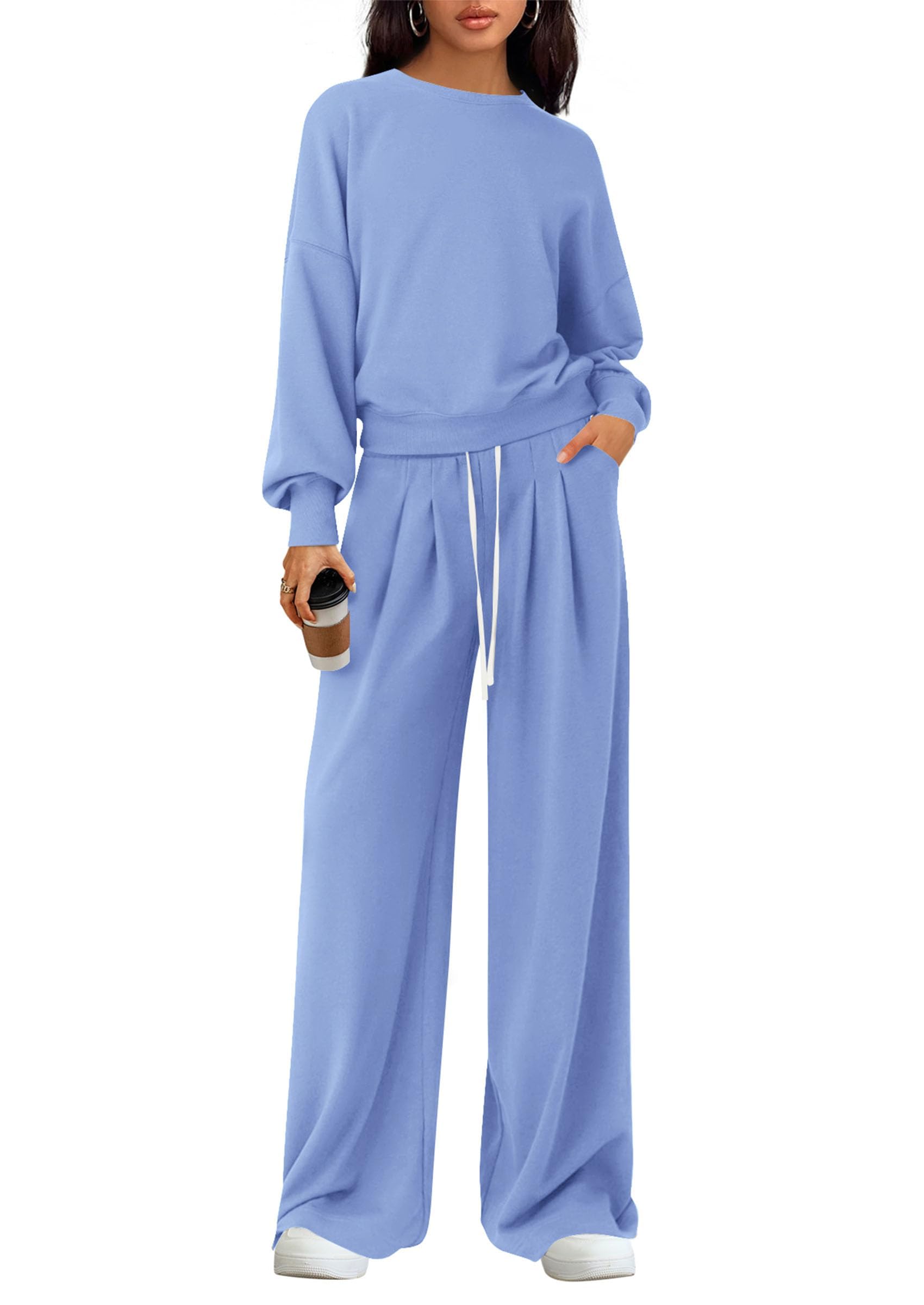 Womens Loose Fit Casual 2 Piece Lounge Set,Blue,S