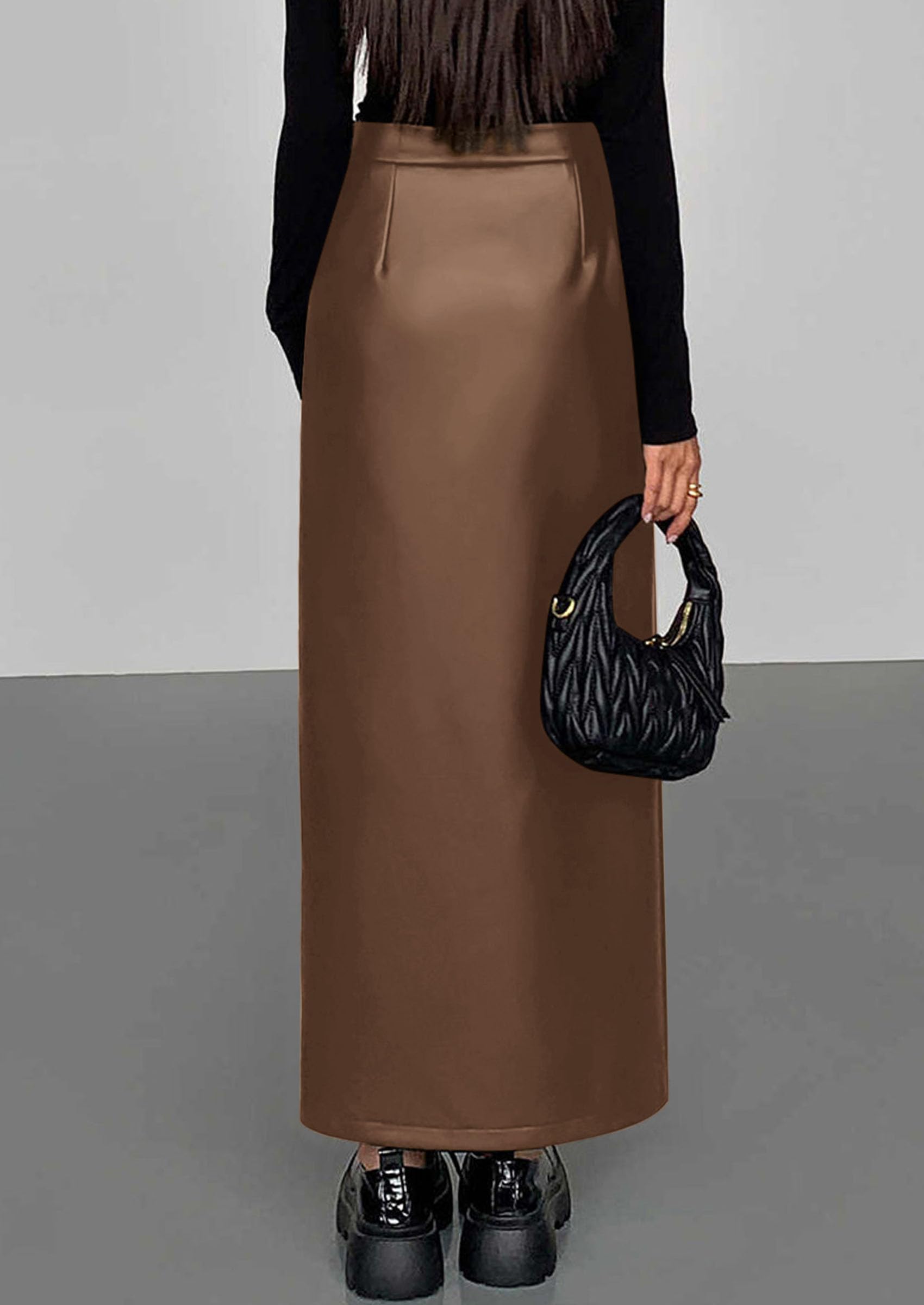 Women's Faux Leather Long Pencil Skirt,Grey Brown,XS