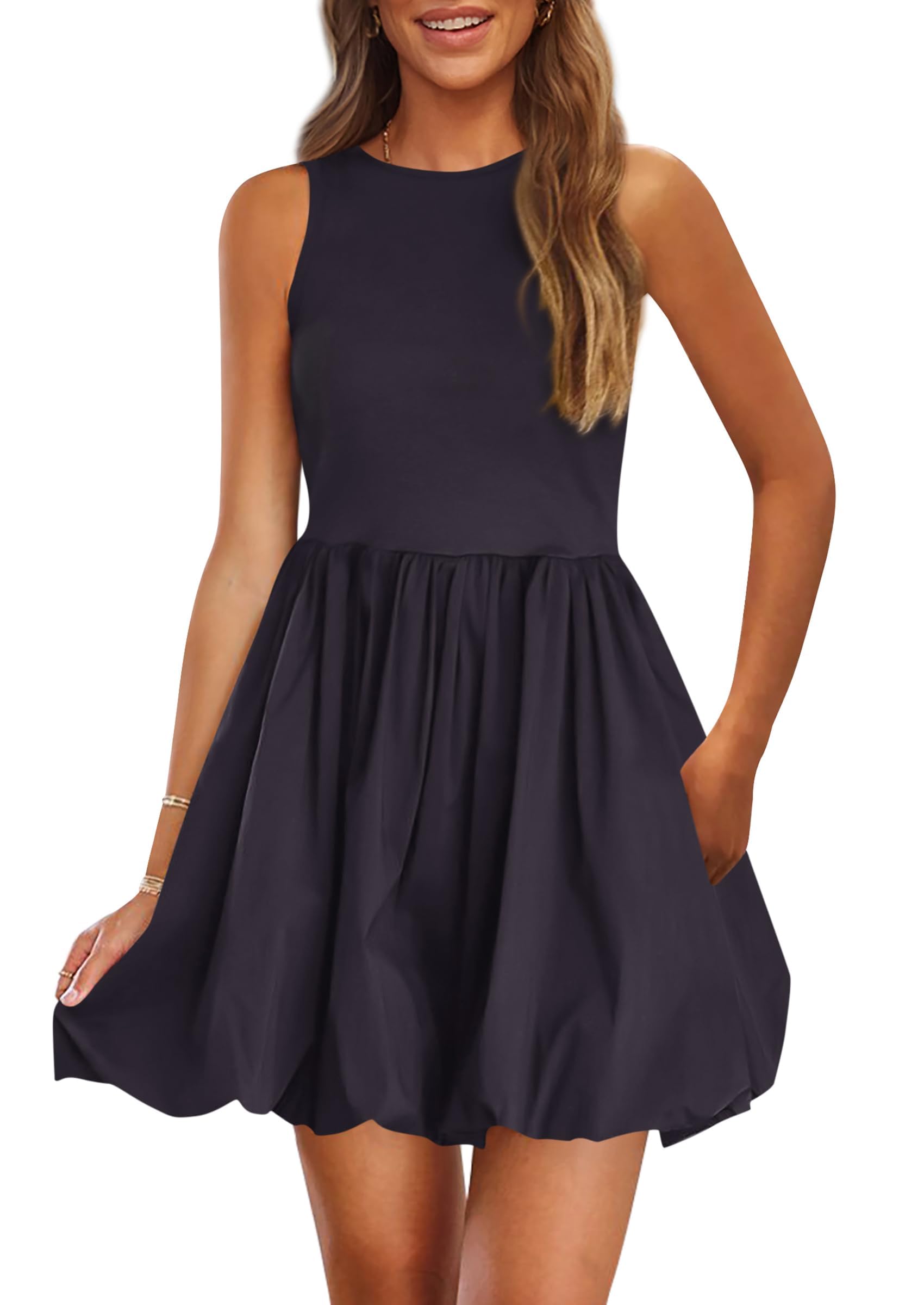 Womens Summer Bubble Sleeveless Mini Dress,Navy,S