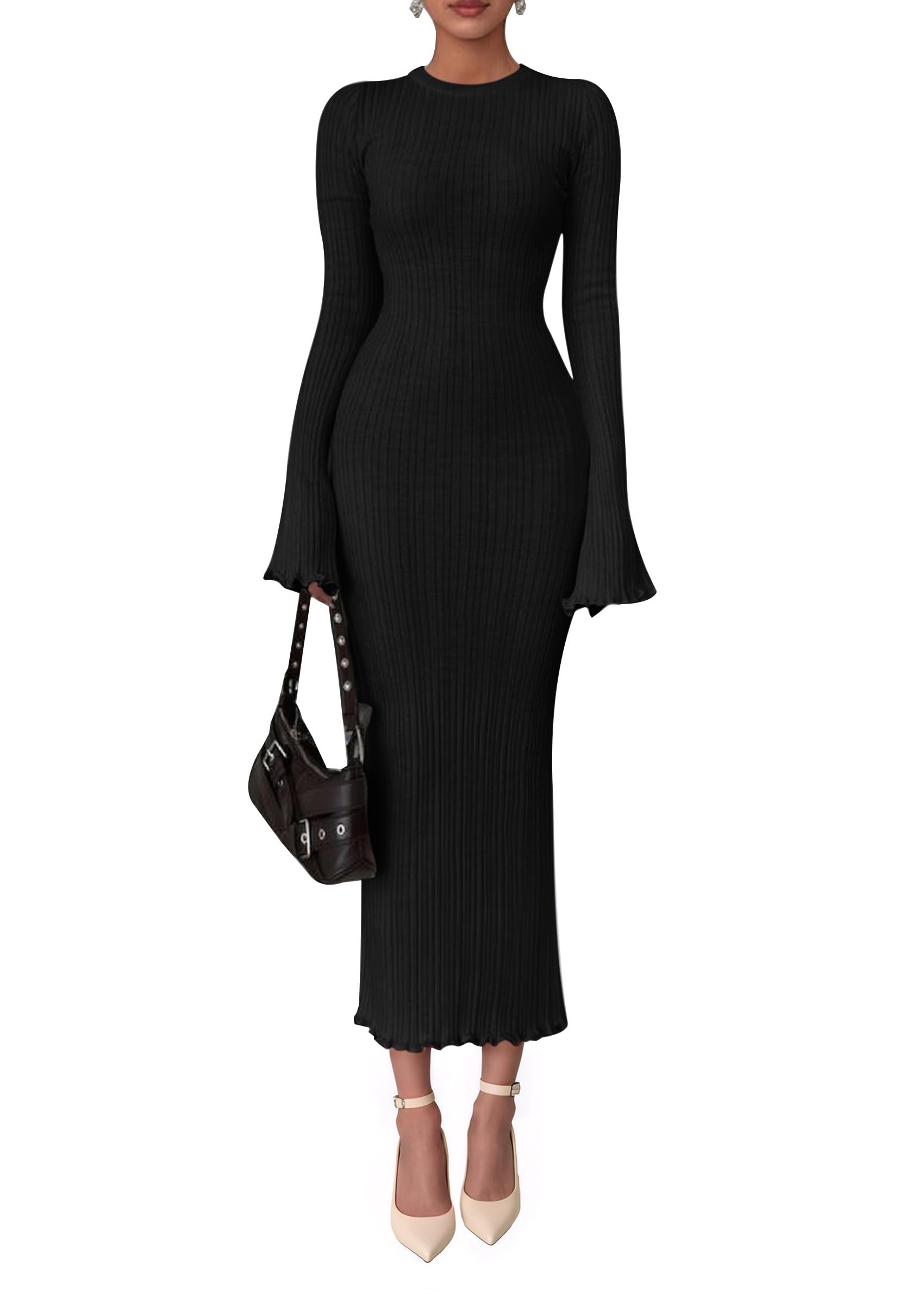 Women's Sweater Dress Long Sleeve Maxi Dresses,Black,S