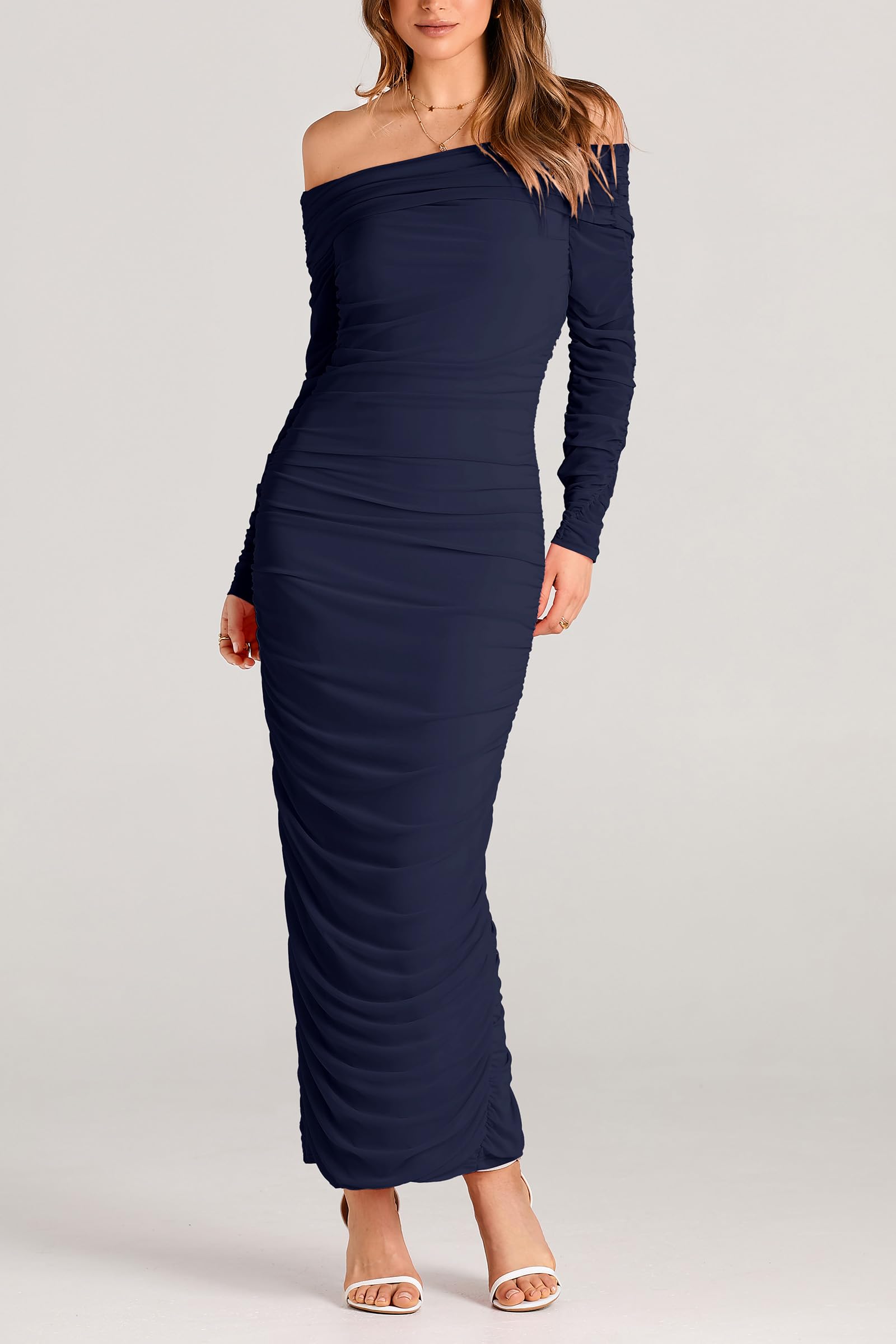 Women's Off the Shoulder Maxi Bodycon Dress, Navy,S