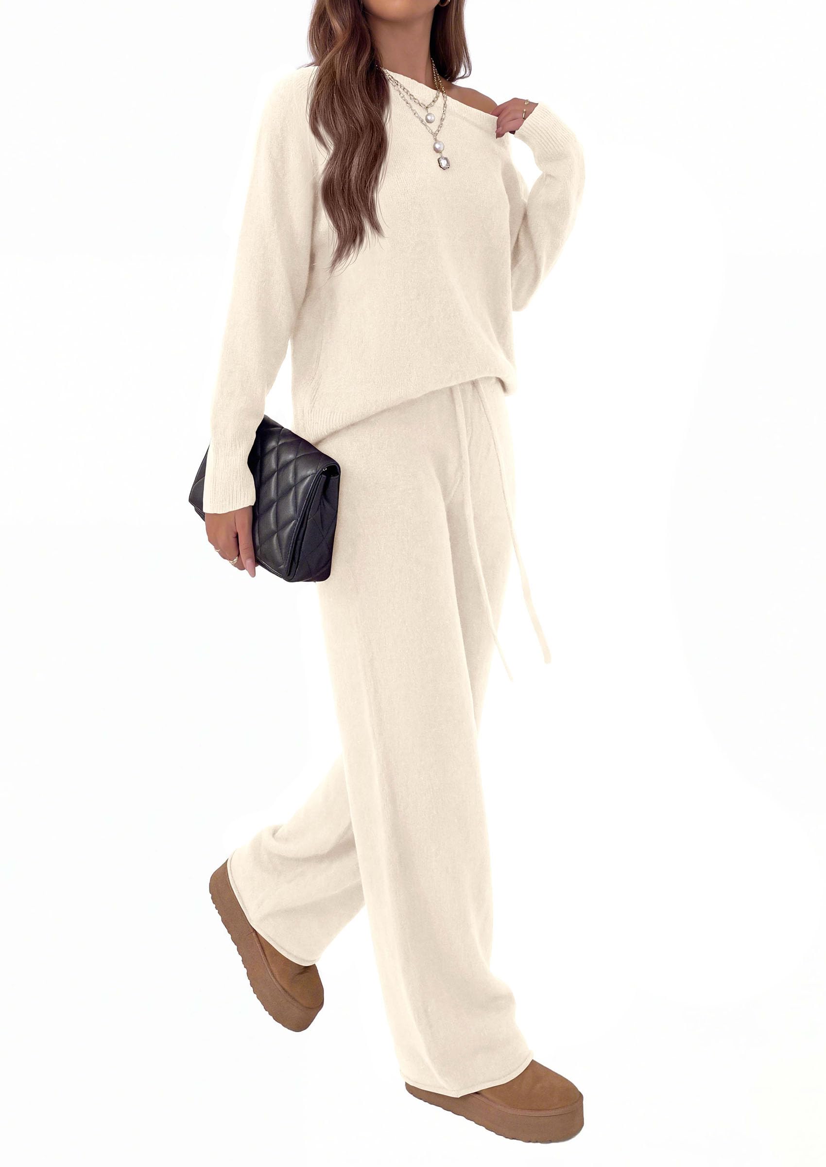 Lounge Sets Womens Sweaters Two Piece Outfits (Beige,S)