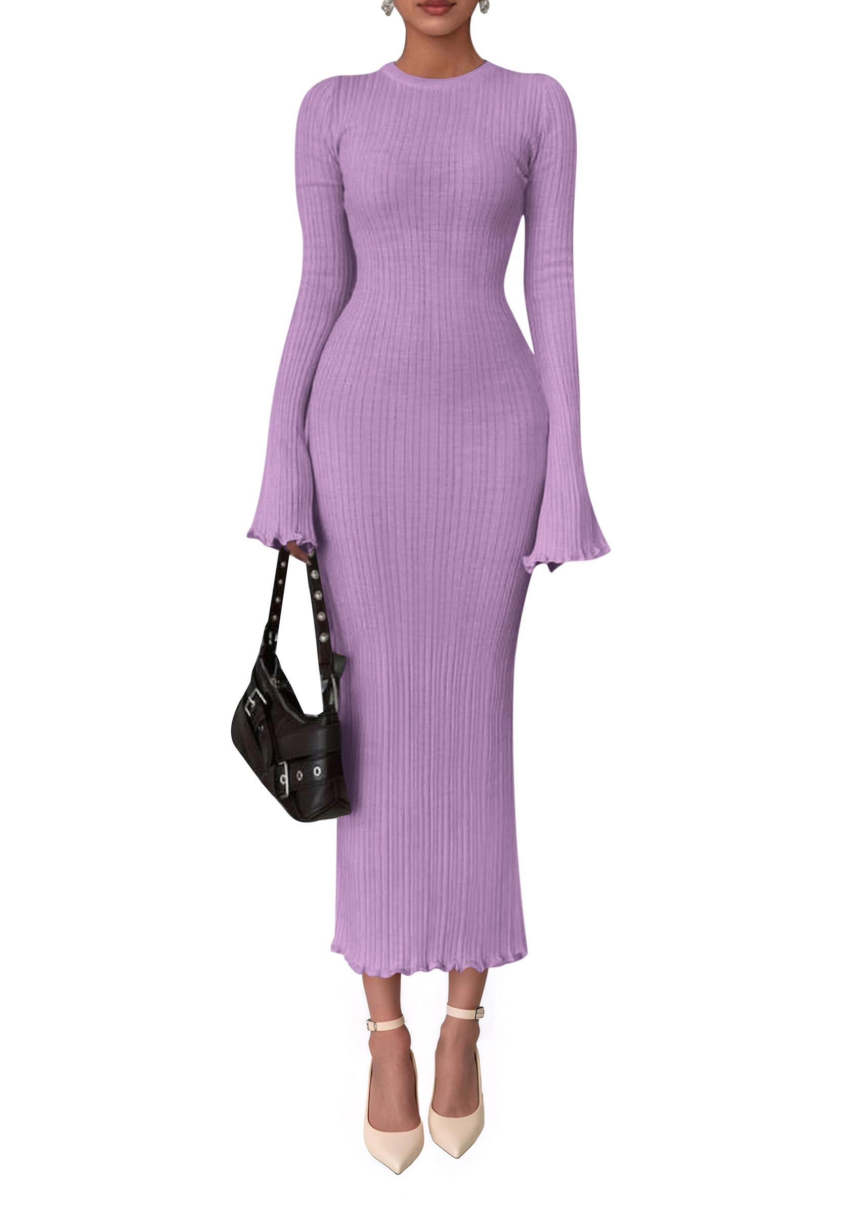 Women's Sweater Dress Long Sleeve Maxi Dresses,Purple,S