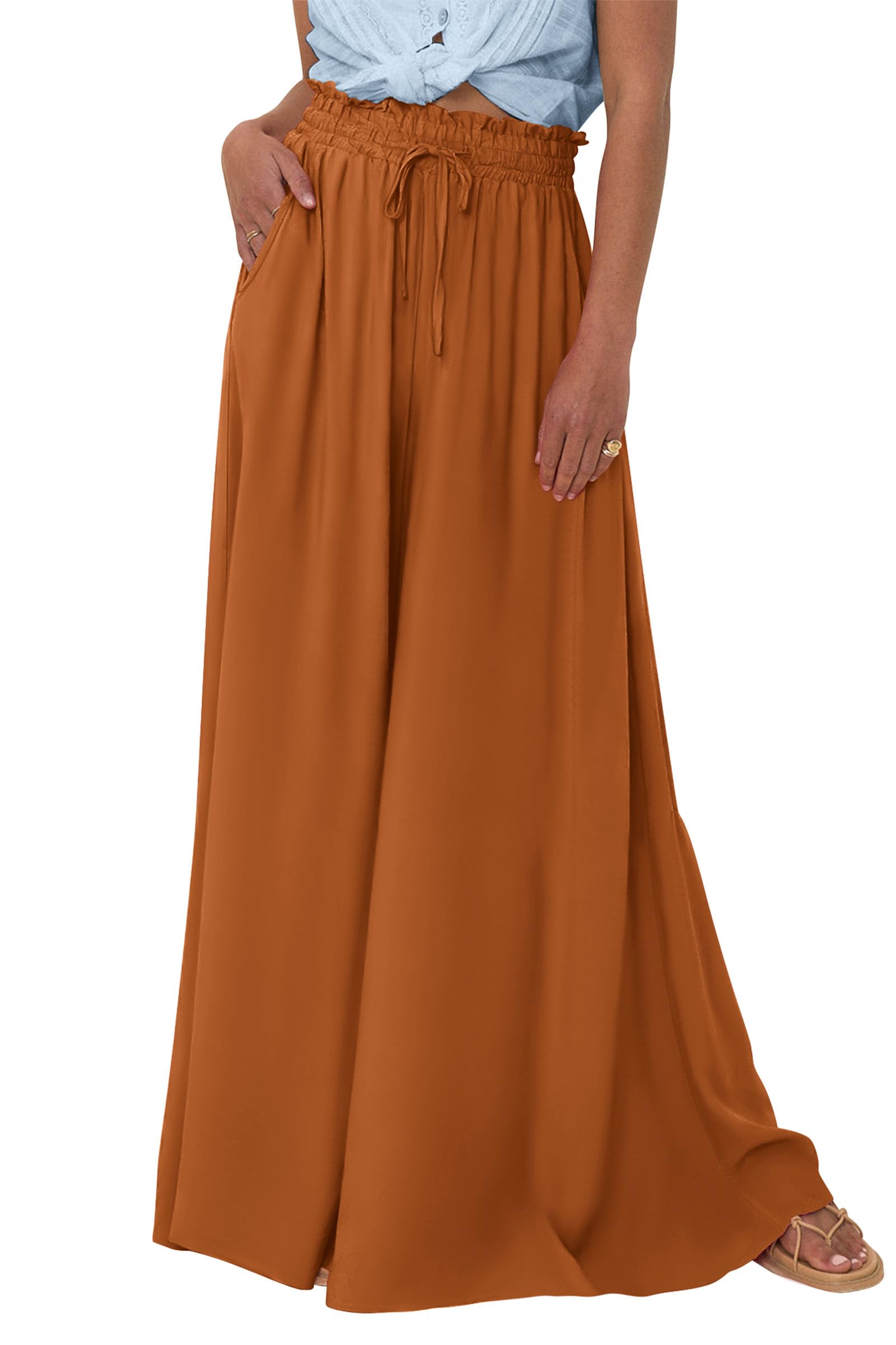 Summer Wide Leg Palazzo Pants for Women Casual,Brown,S