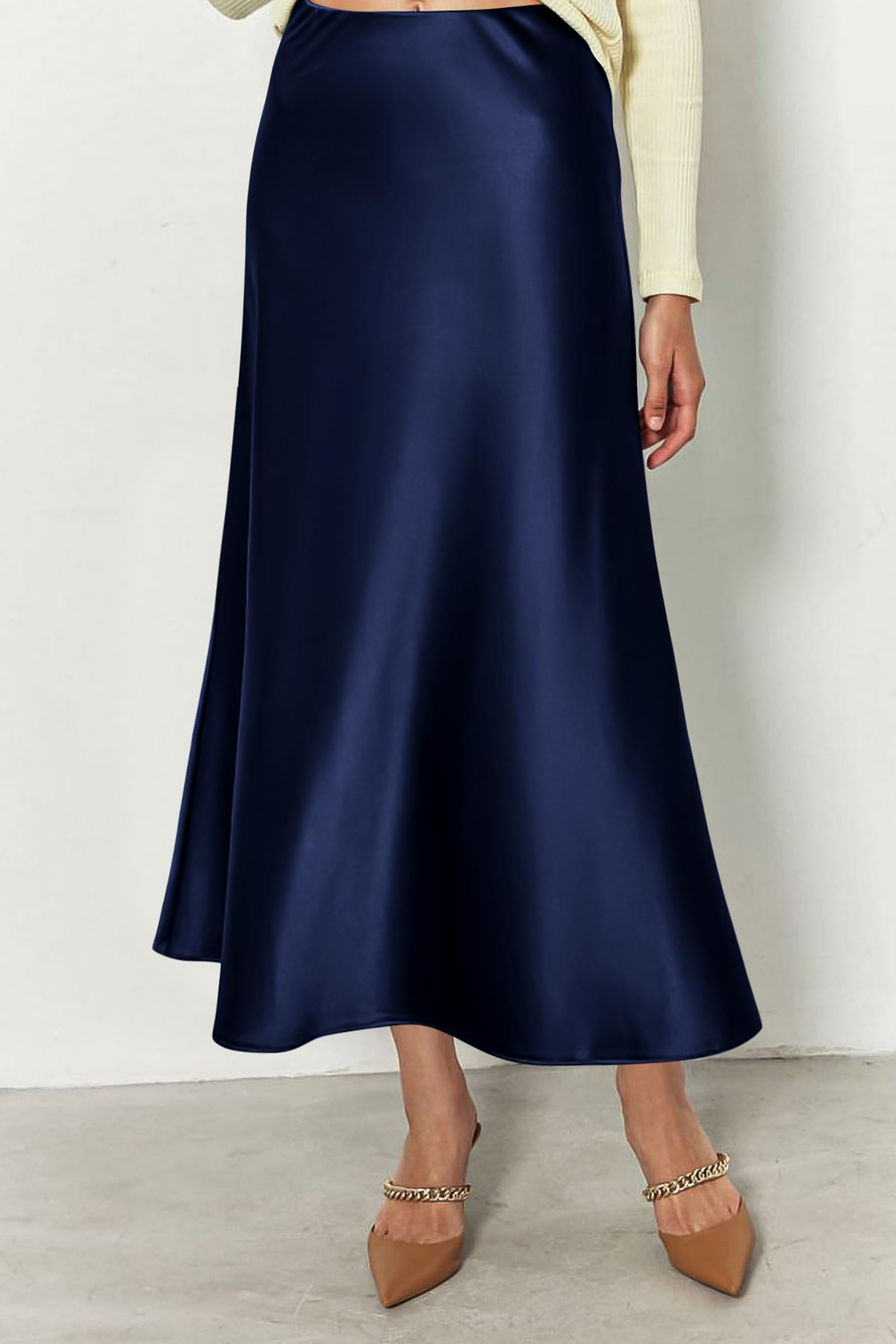 Women's Satin Midi Skirts Dressy Casual,Navy,S